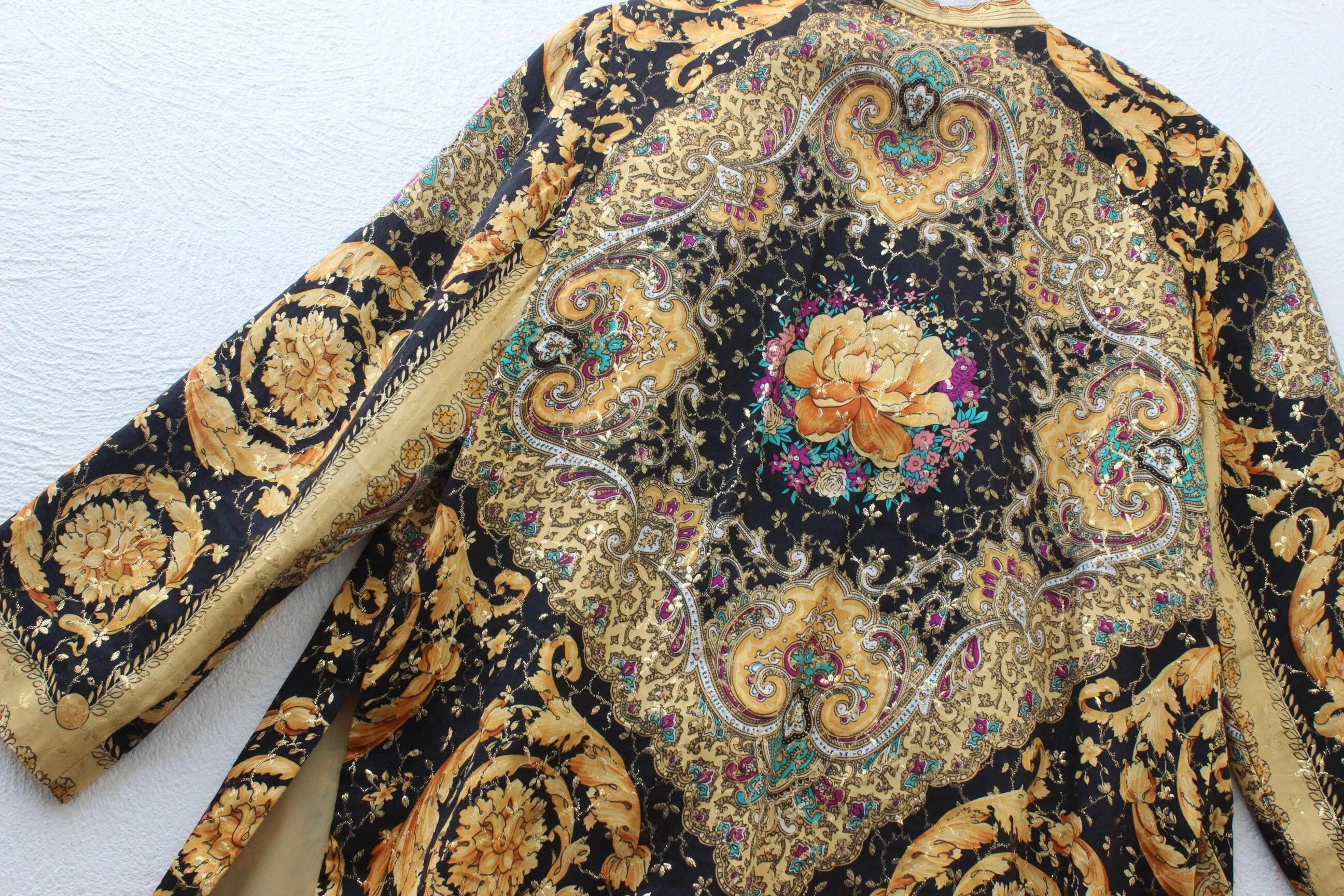 80s Pure Silk Baroque Print Mandarin Collar Quilted Jacket