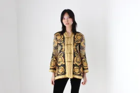 80s Pure Silk Baroque Print Mandarin Collar Quilted Jacket