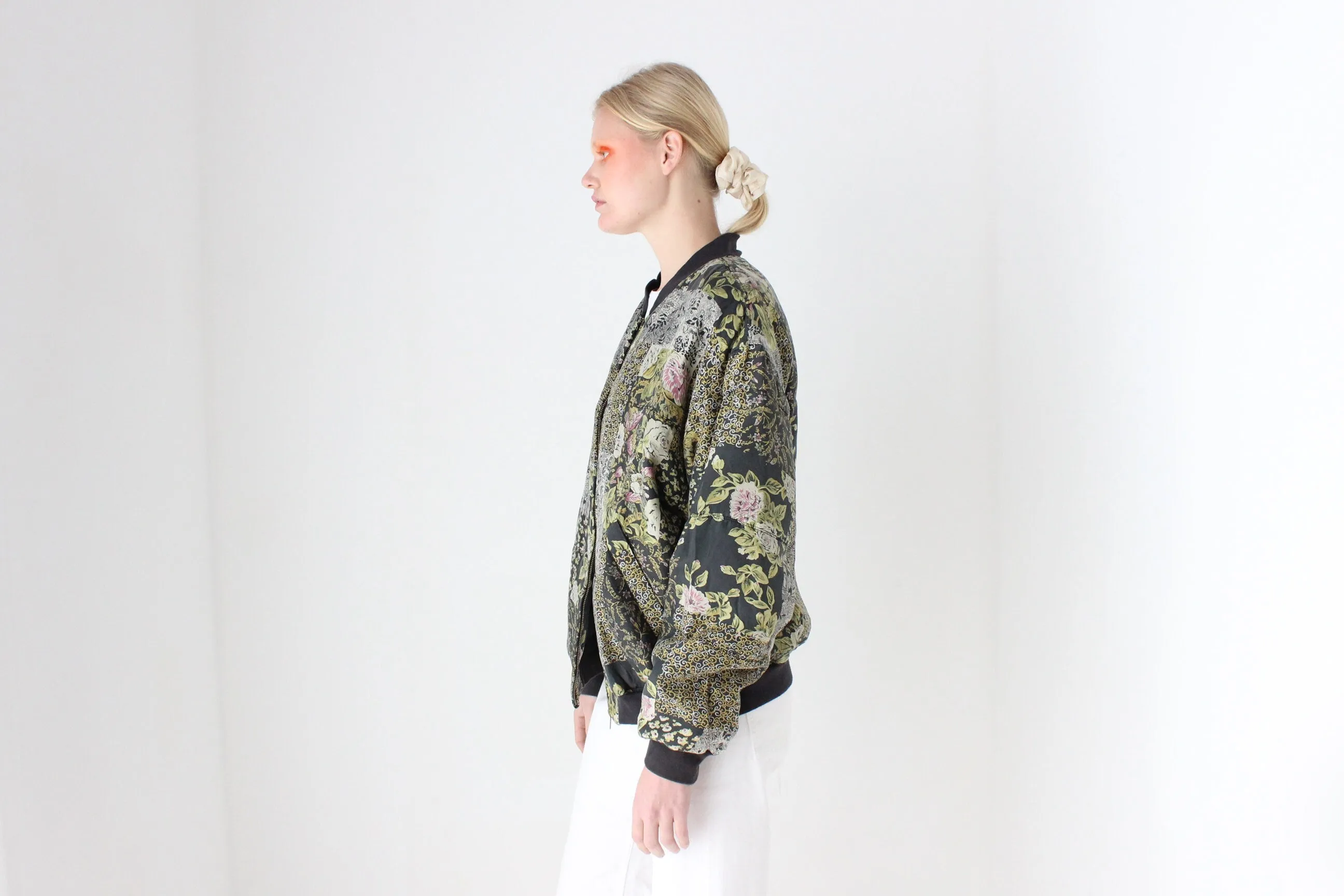 80s Pure Silk Floral Print Quilted Bomber Jacket