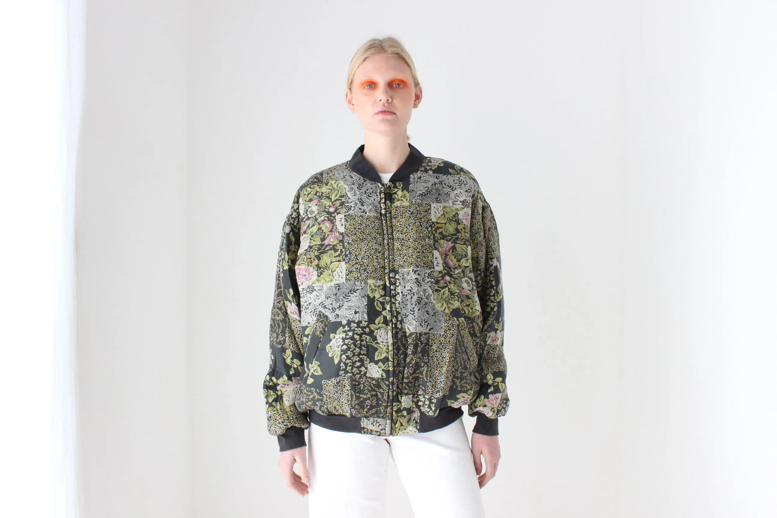 80s Pure Silk Floral Print Quilted Bomber Jacket
