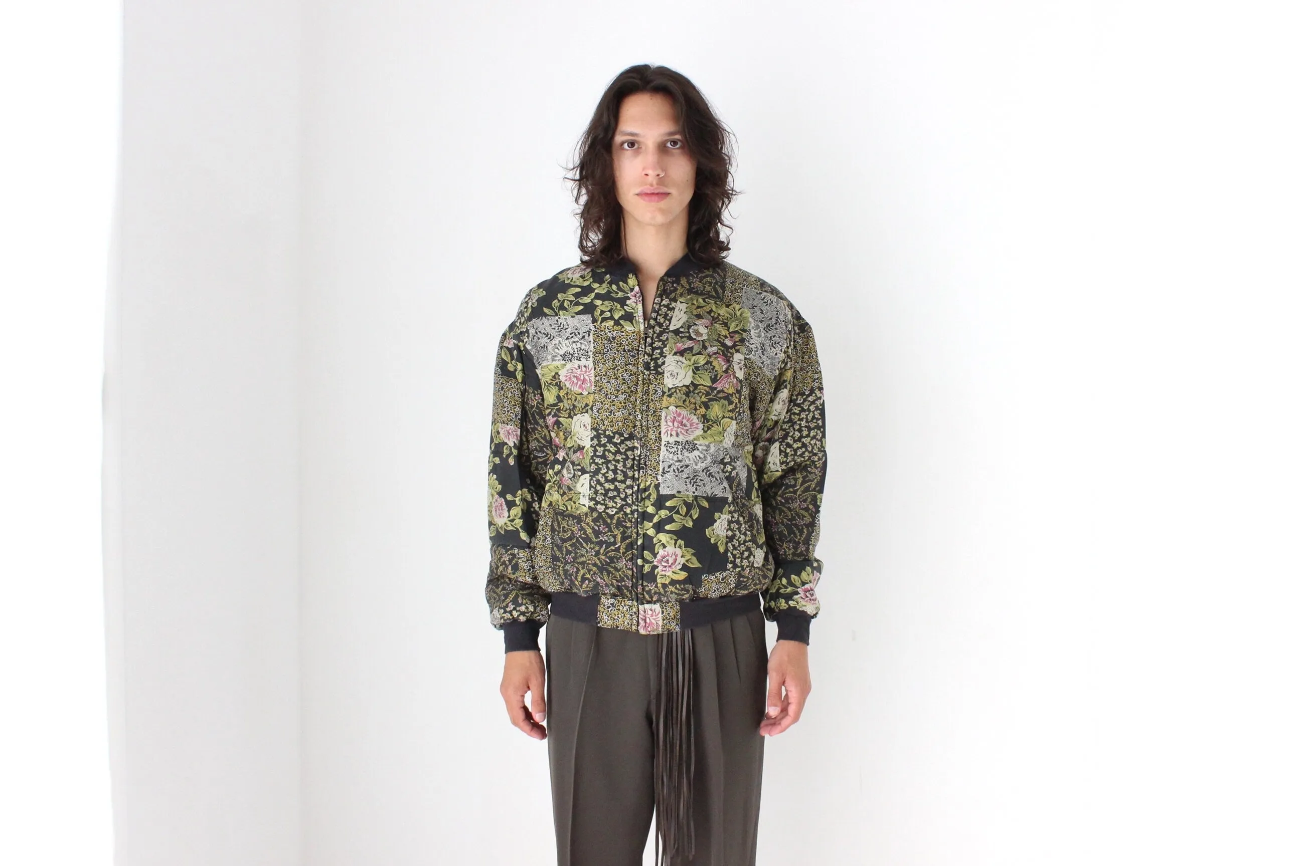 80s Pure Silk Floral Printed Quilted Bomber Jacket