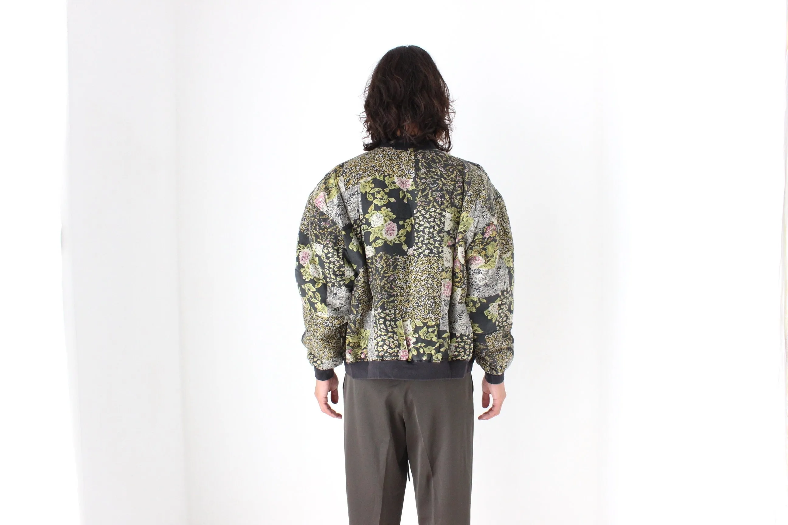 80s Pure Silk Floral Printed Quilted Bomber Jacket