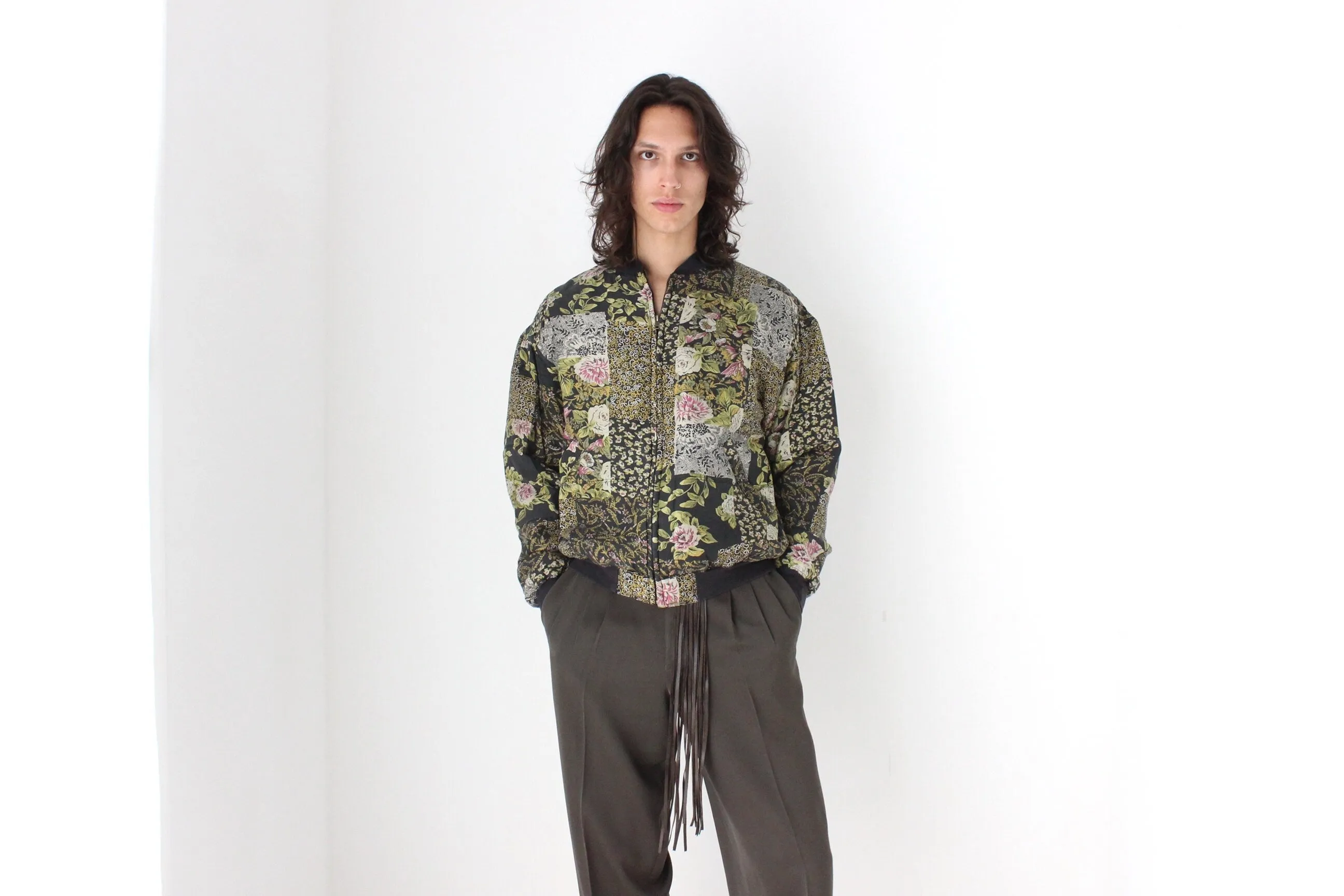 80s Pure Silk Floral Printed Quilted Bomber Jacket