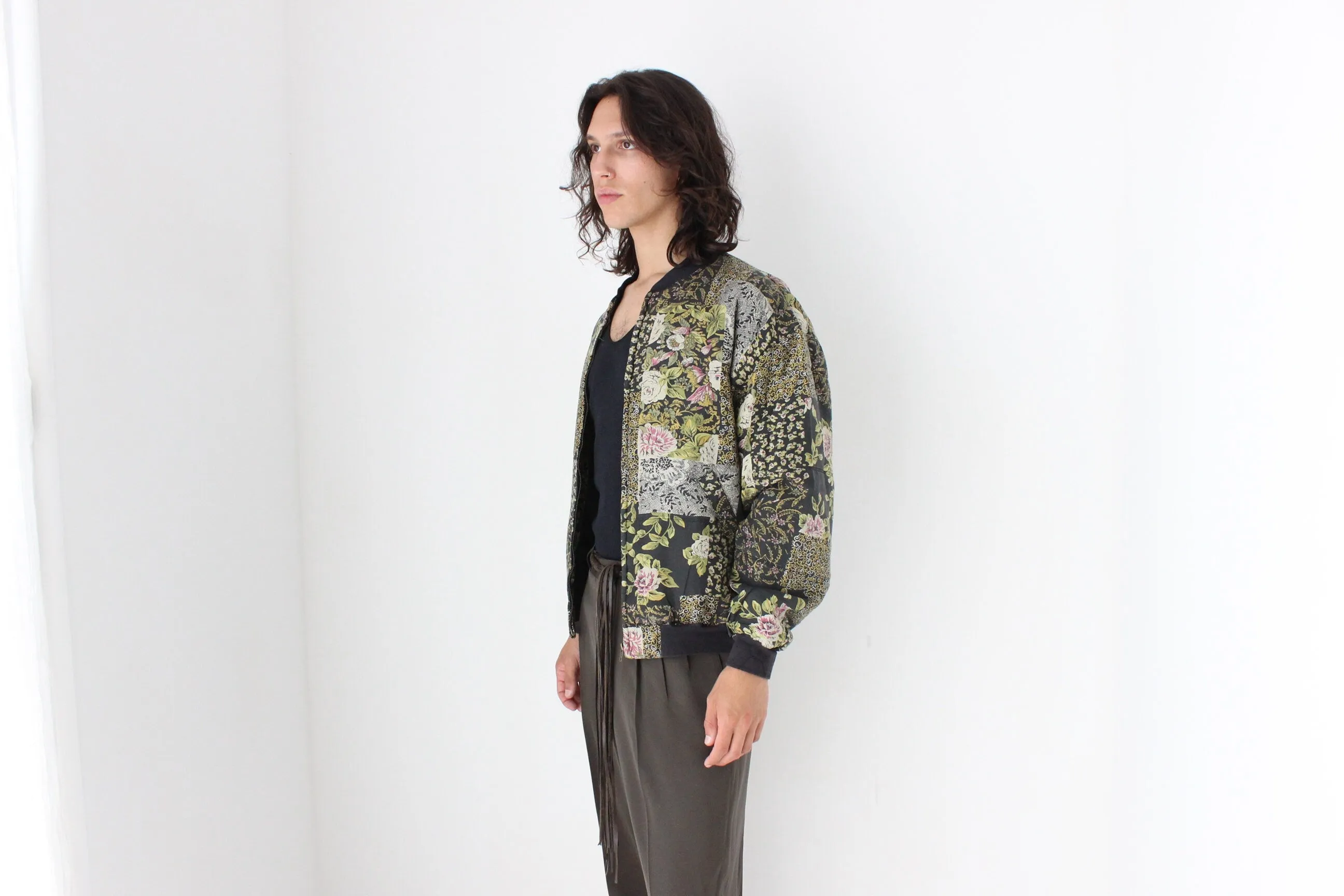80s Pure Silk Floral Printed Quilted Bomber Jacket
