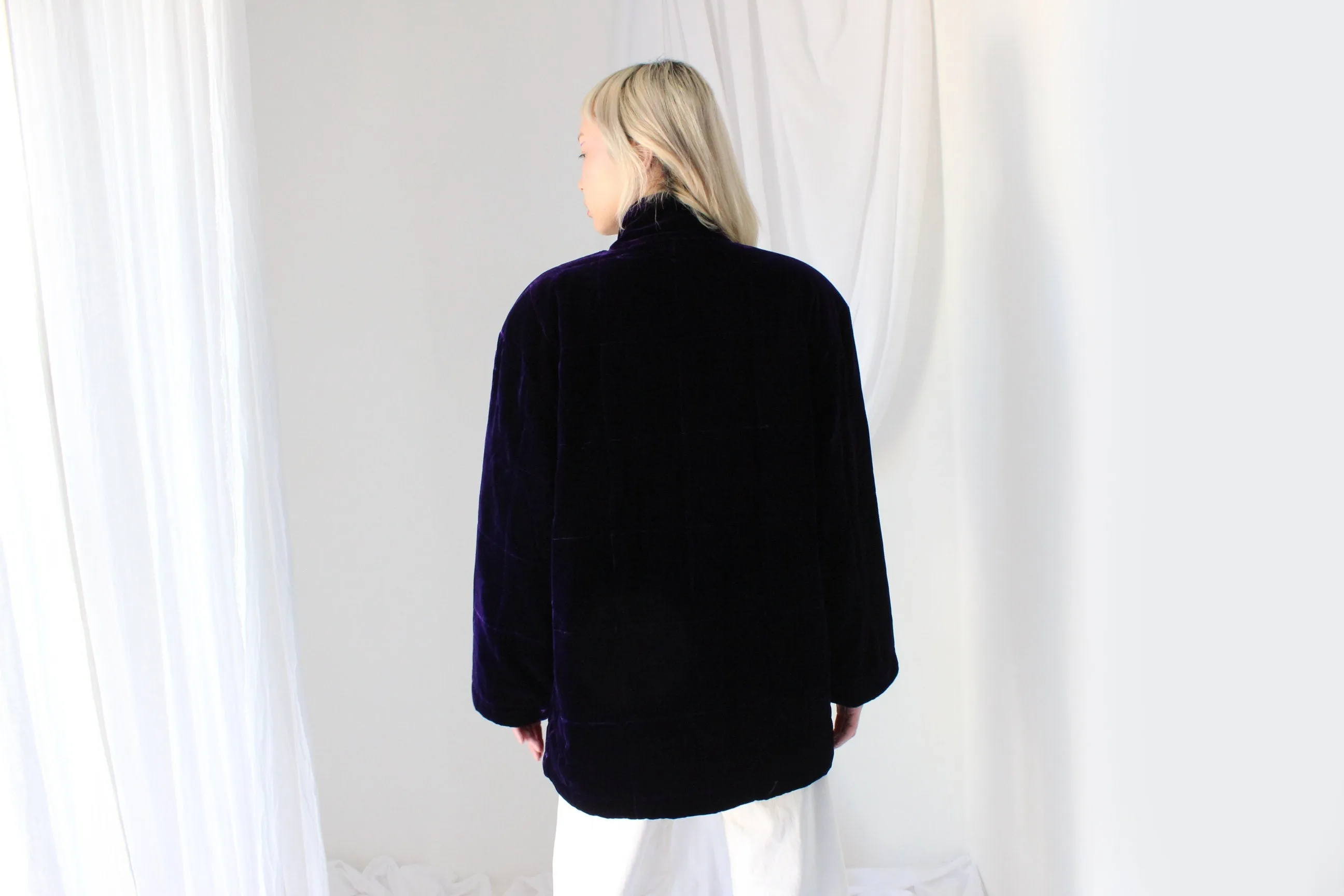 80s PURE SILK VELVET Luxury Quilted Puffer Jacket in Royal Purple