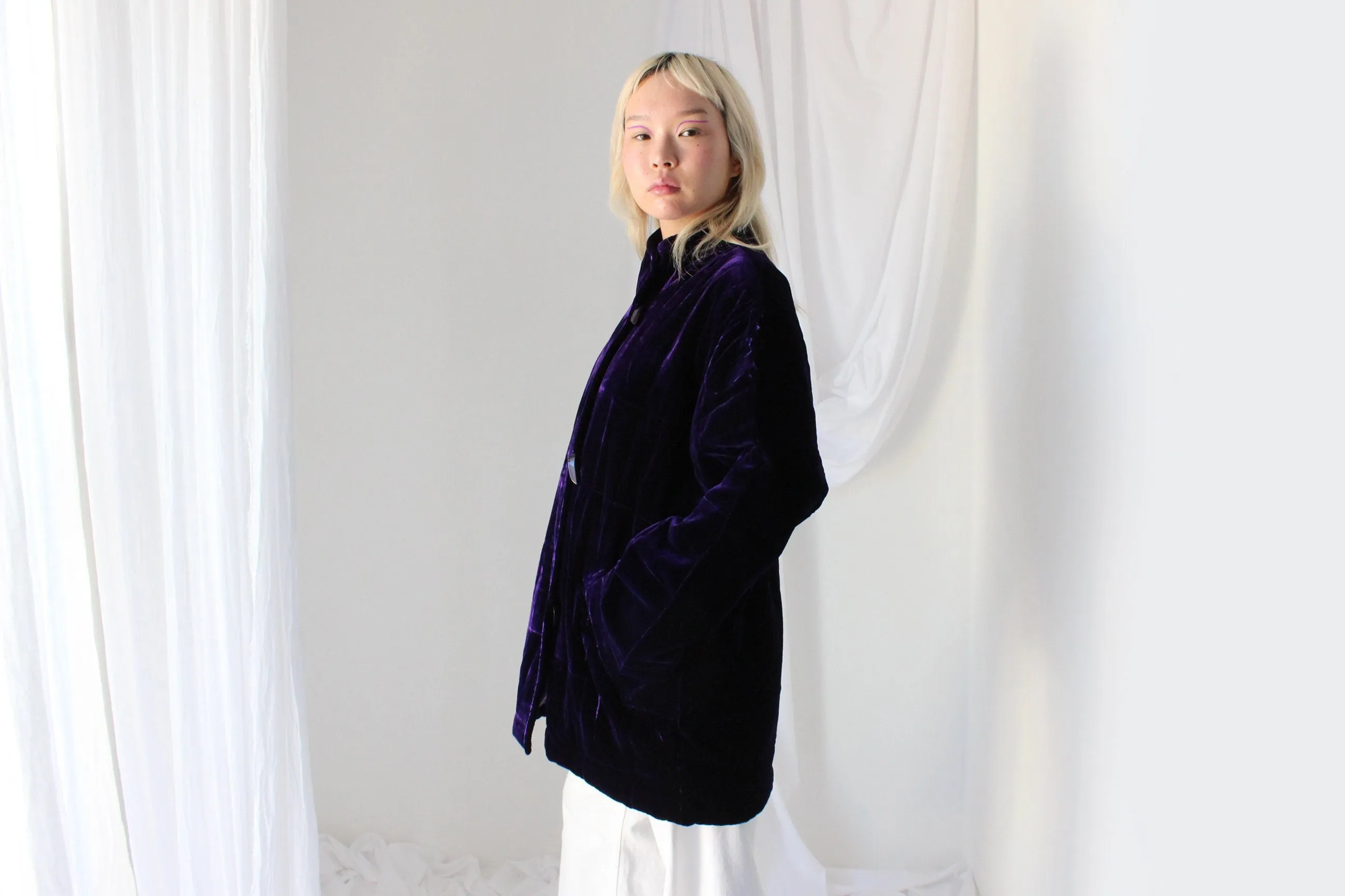 80s PURE SILK VELVET Luxury Quilted Puffer Jacket in Royal Purple