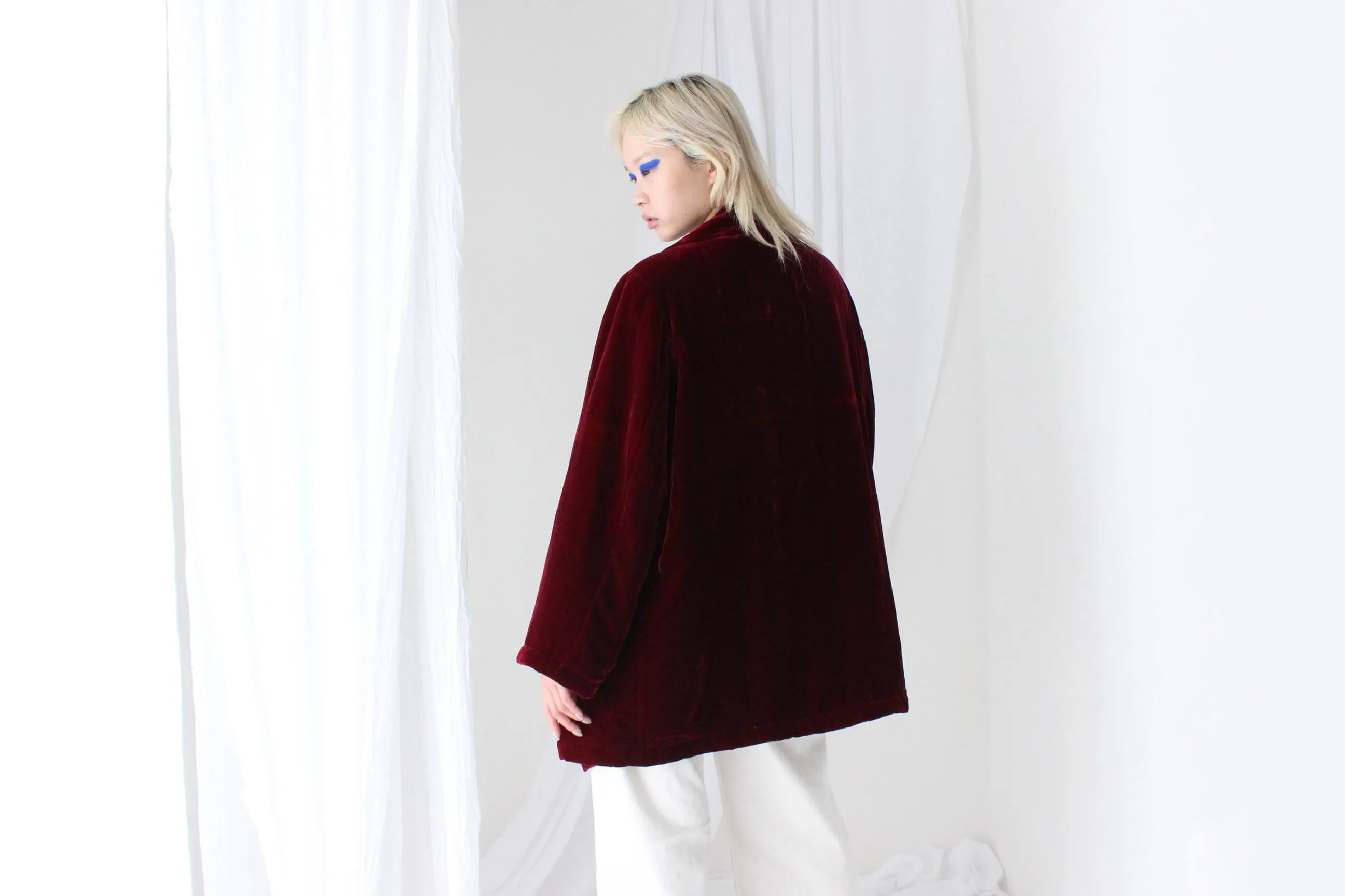 80s PURE SILK VELVET Quilted Kimono Coat in Merlot