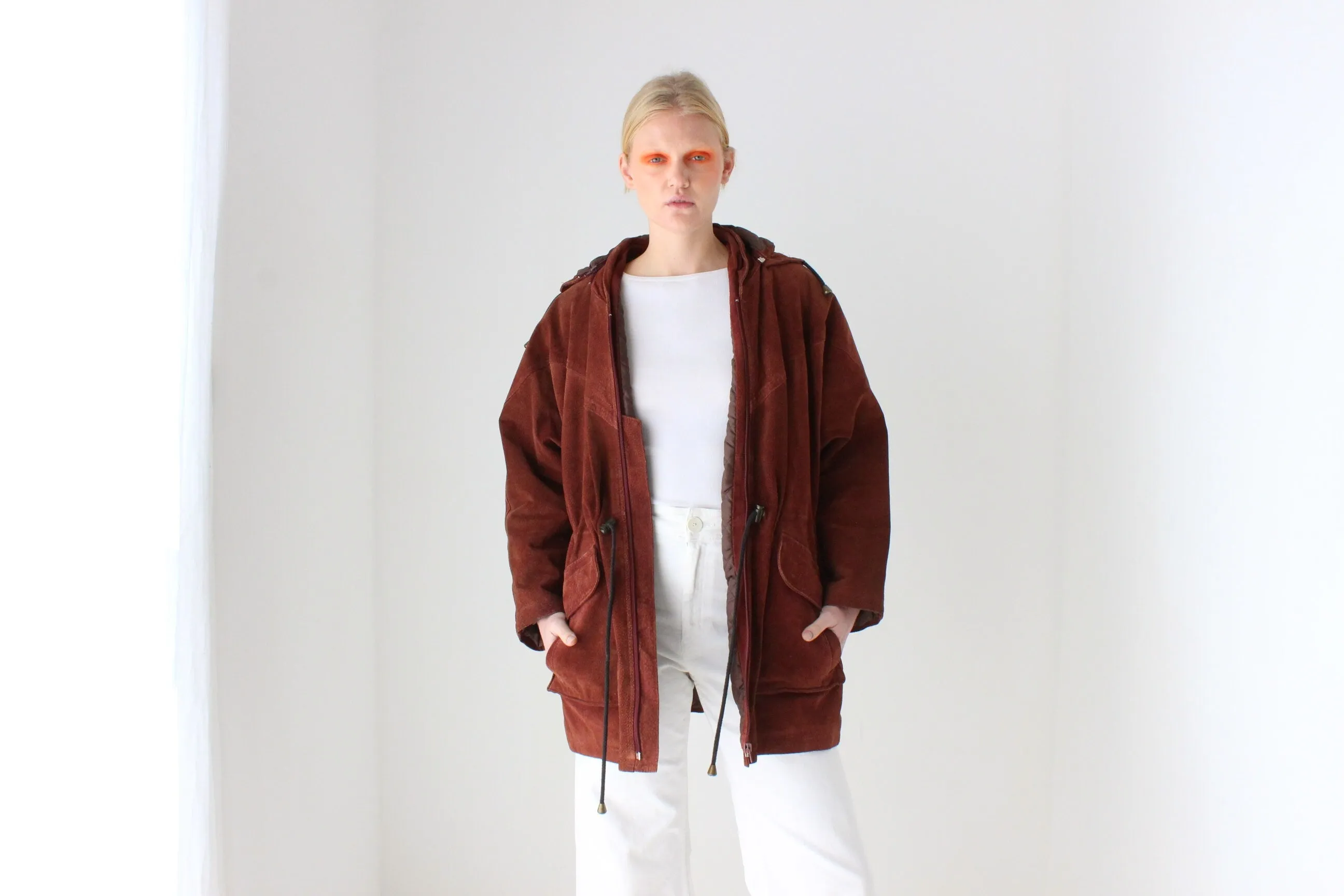 90s Burgundy Suede Hooded Slouchy Anorak