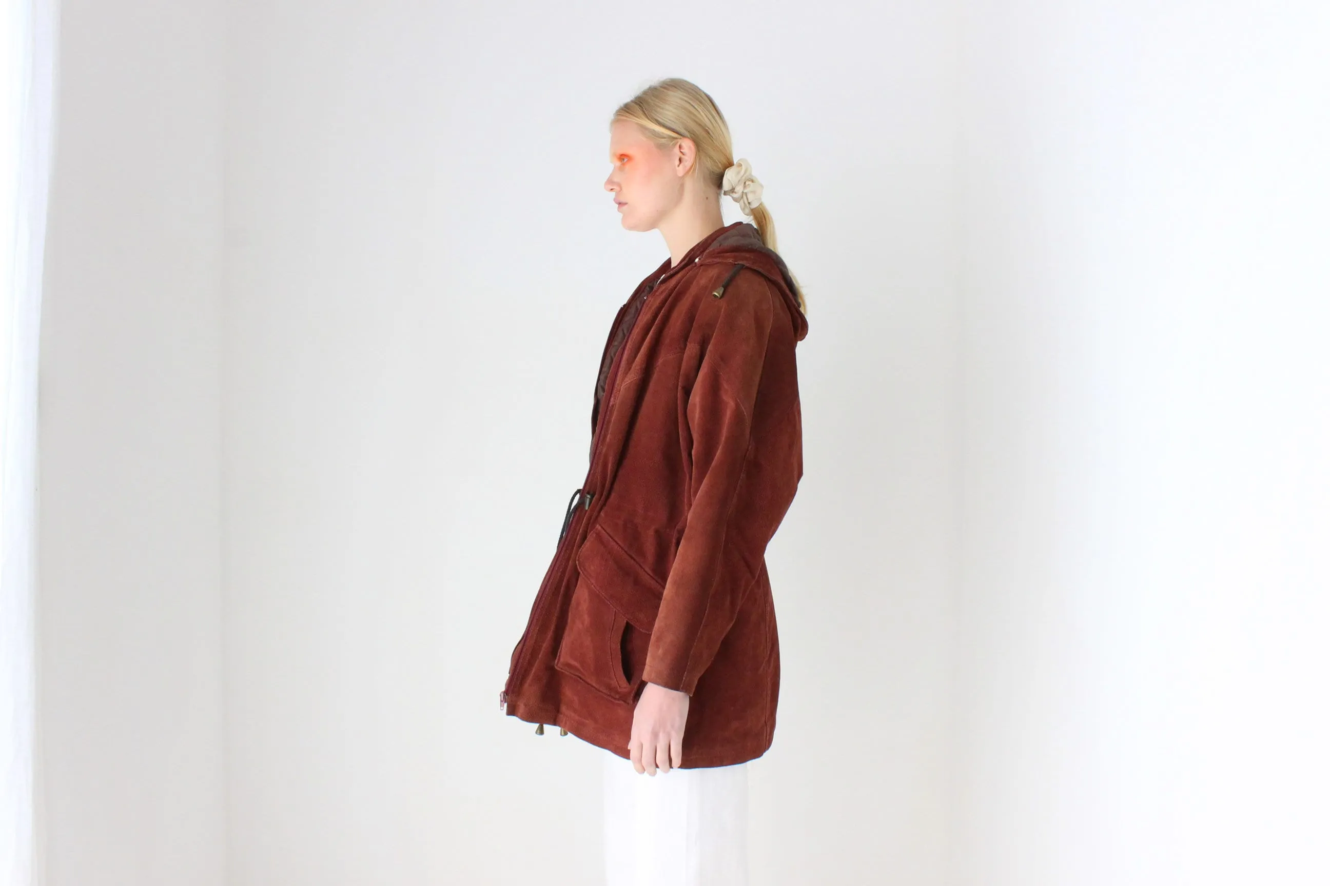 90s Burgundy Suede Hooded Slouchy Anorak