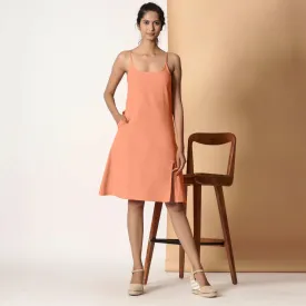 Apricot Cotton Flax Knee Length Strappy Slit Dress
