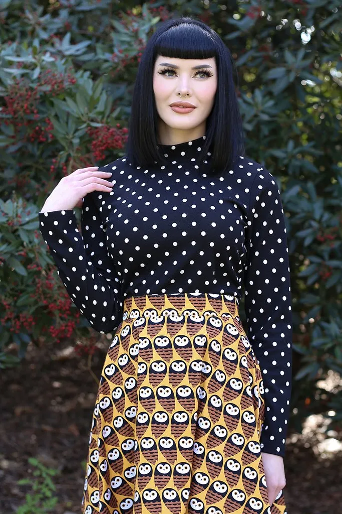 Black and White Polka Dot Long Sleeve Mock Neck Top