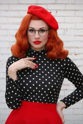 Black and White Polka Dot Long Sleeve Mock Neck Top
