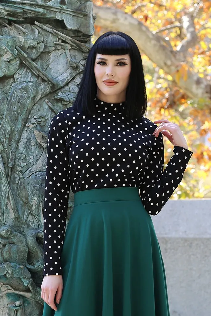 Black and White Polka Dot Long Sleeve Mock Neck Top