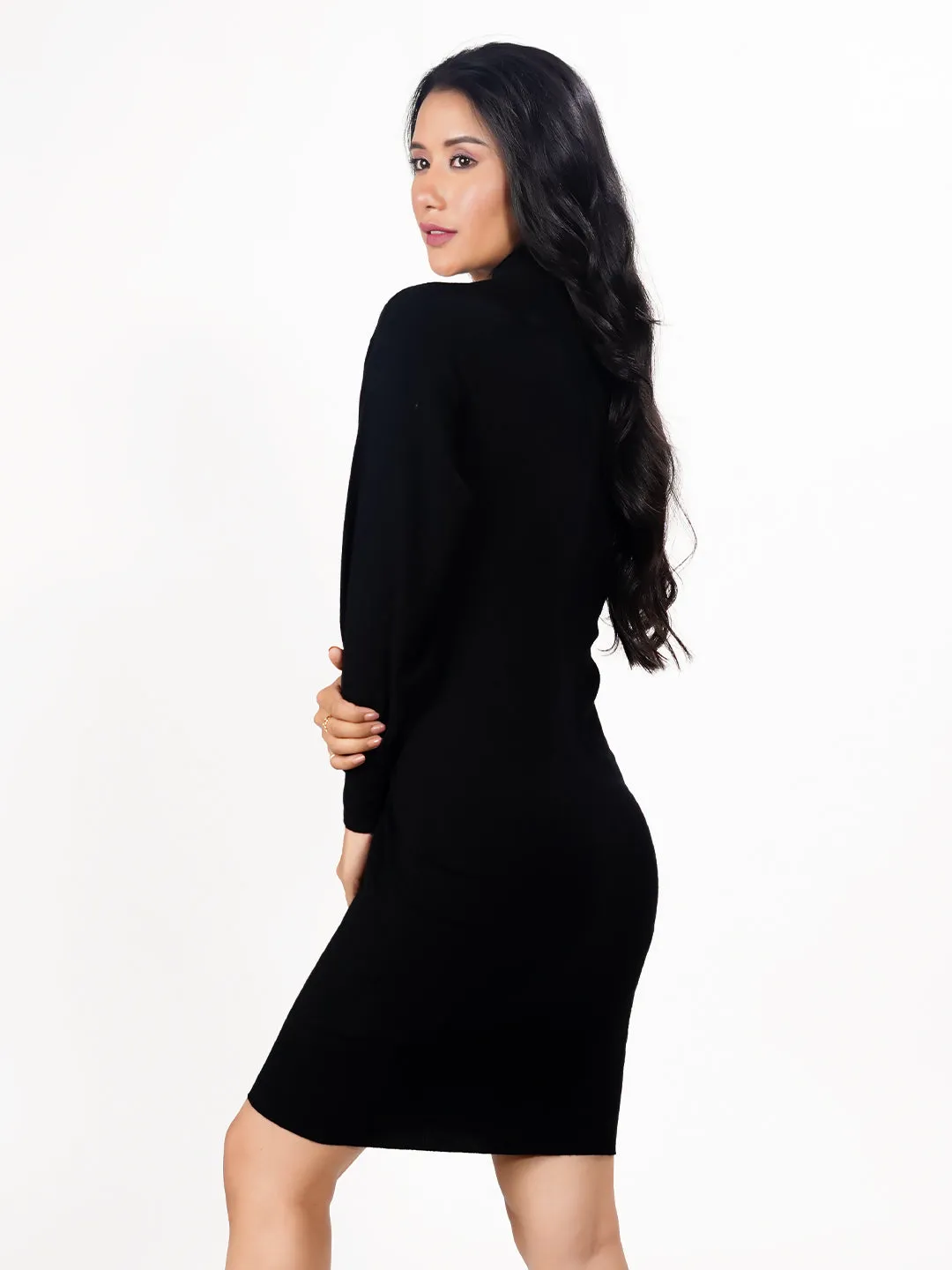 Black Solid Slip-On Short Sweater Dress