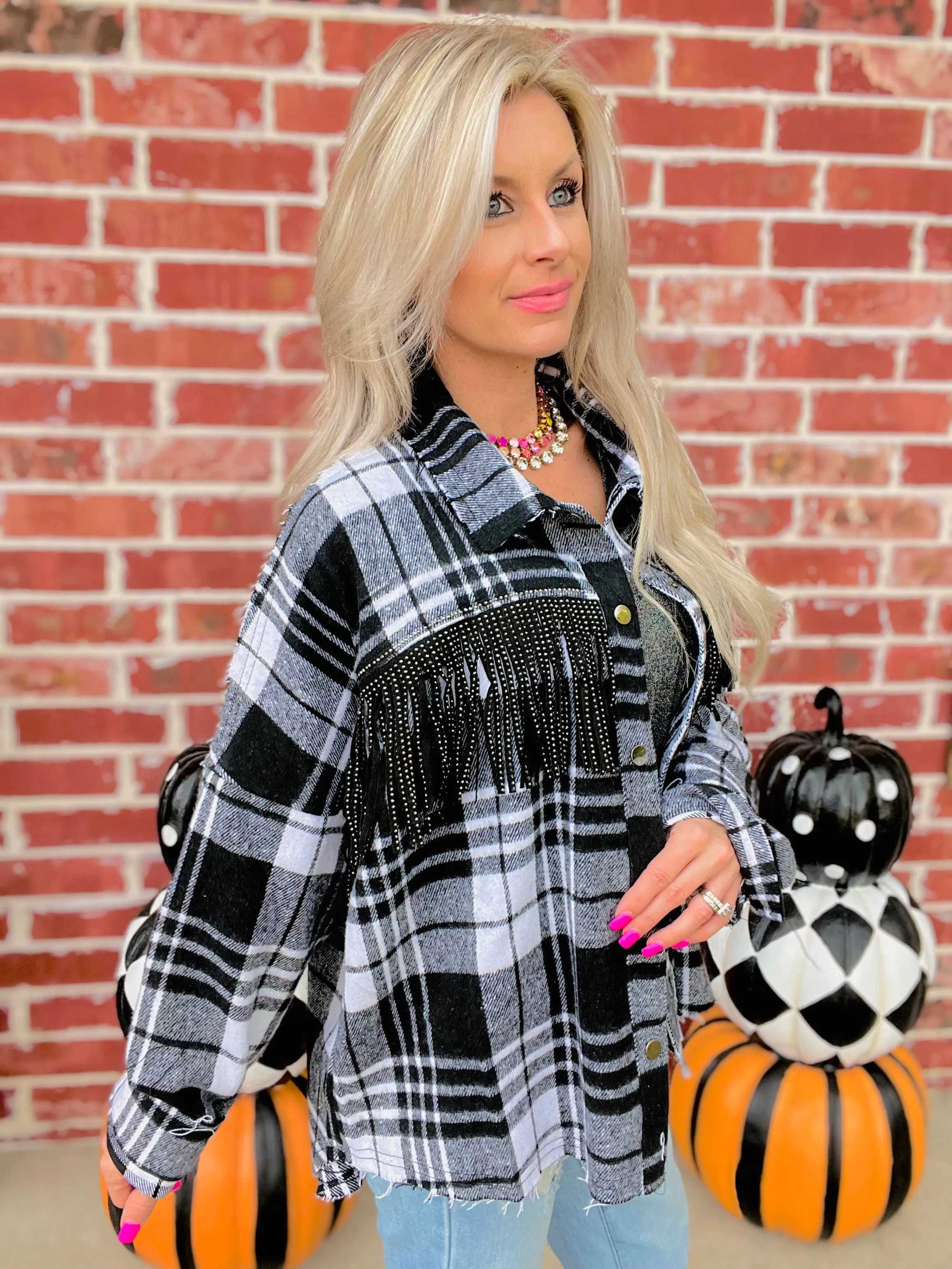 Black Woven Plaid & Studded Fringe Shacket