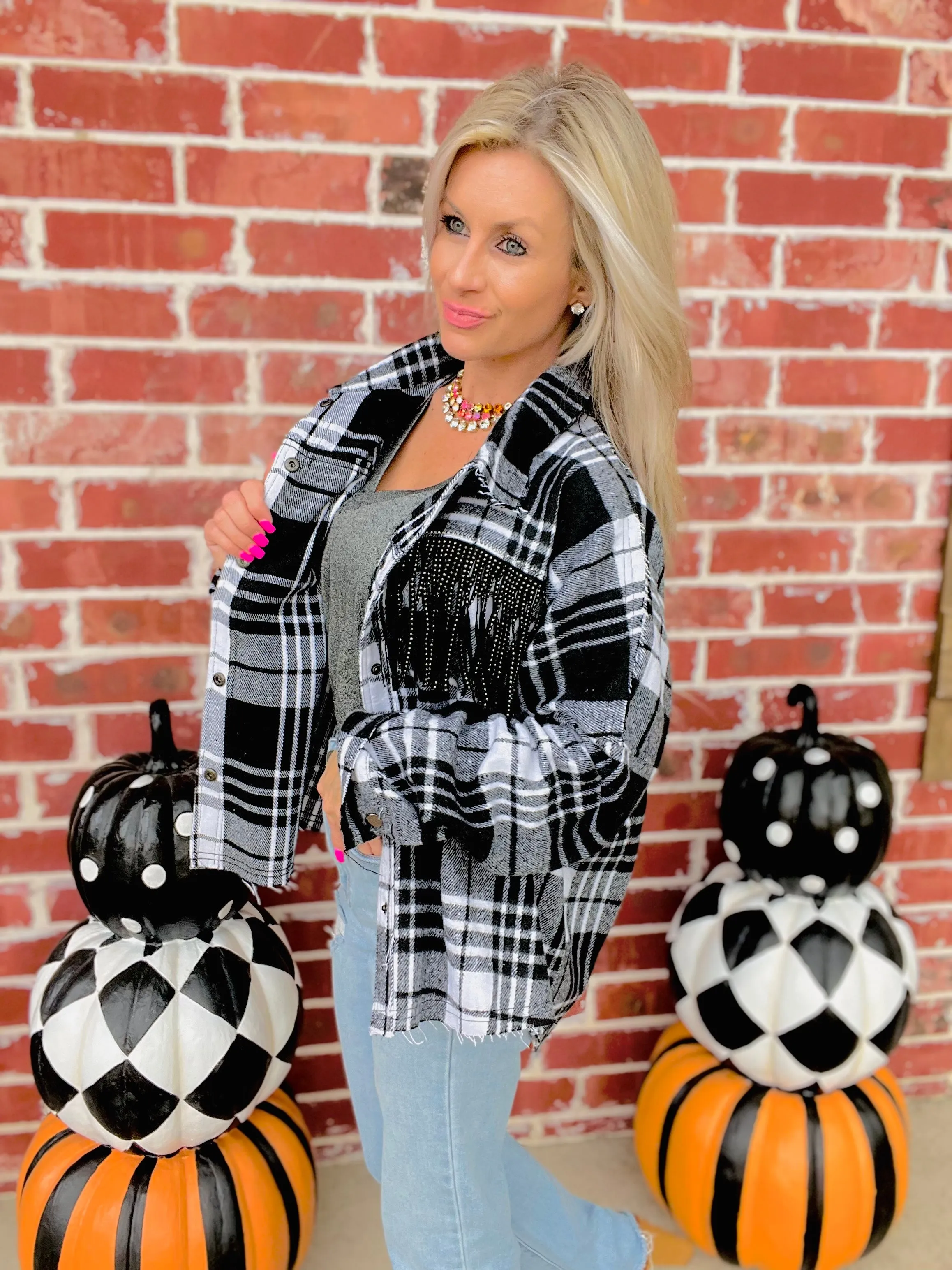 Black Woven Plaid & Studded Fringe Shacket