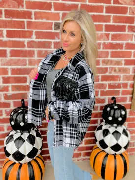 Black Woven Plaid & Studded Fringe Shacket