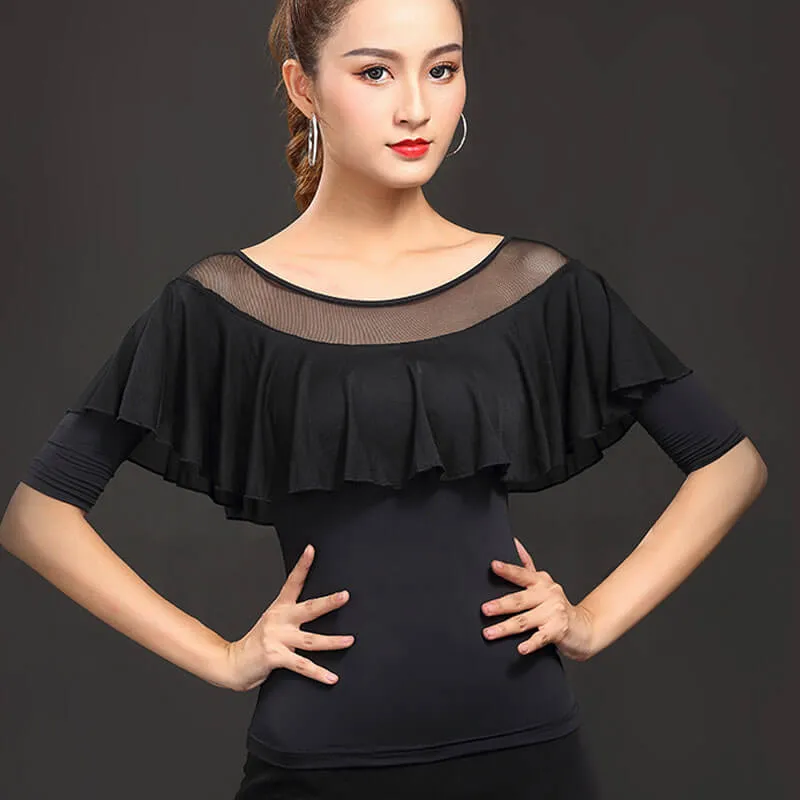 Boat Neck Half Sleeve Latin/Ballroom Top with Tassels