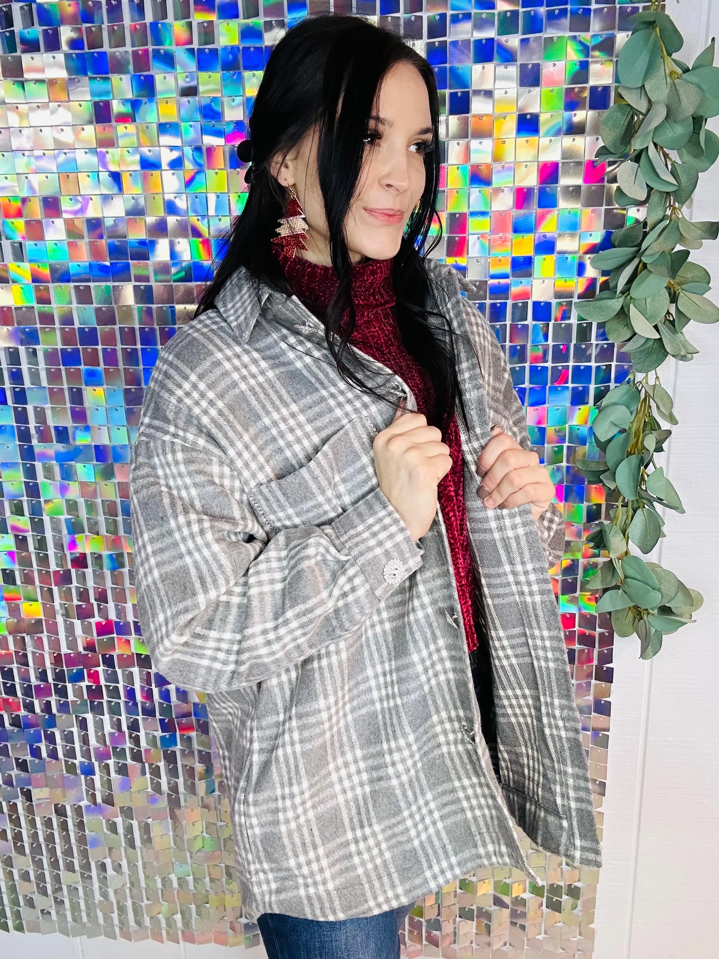 Can't Cry with Crystals Shacket- Grey