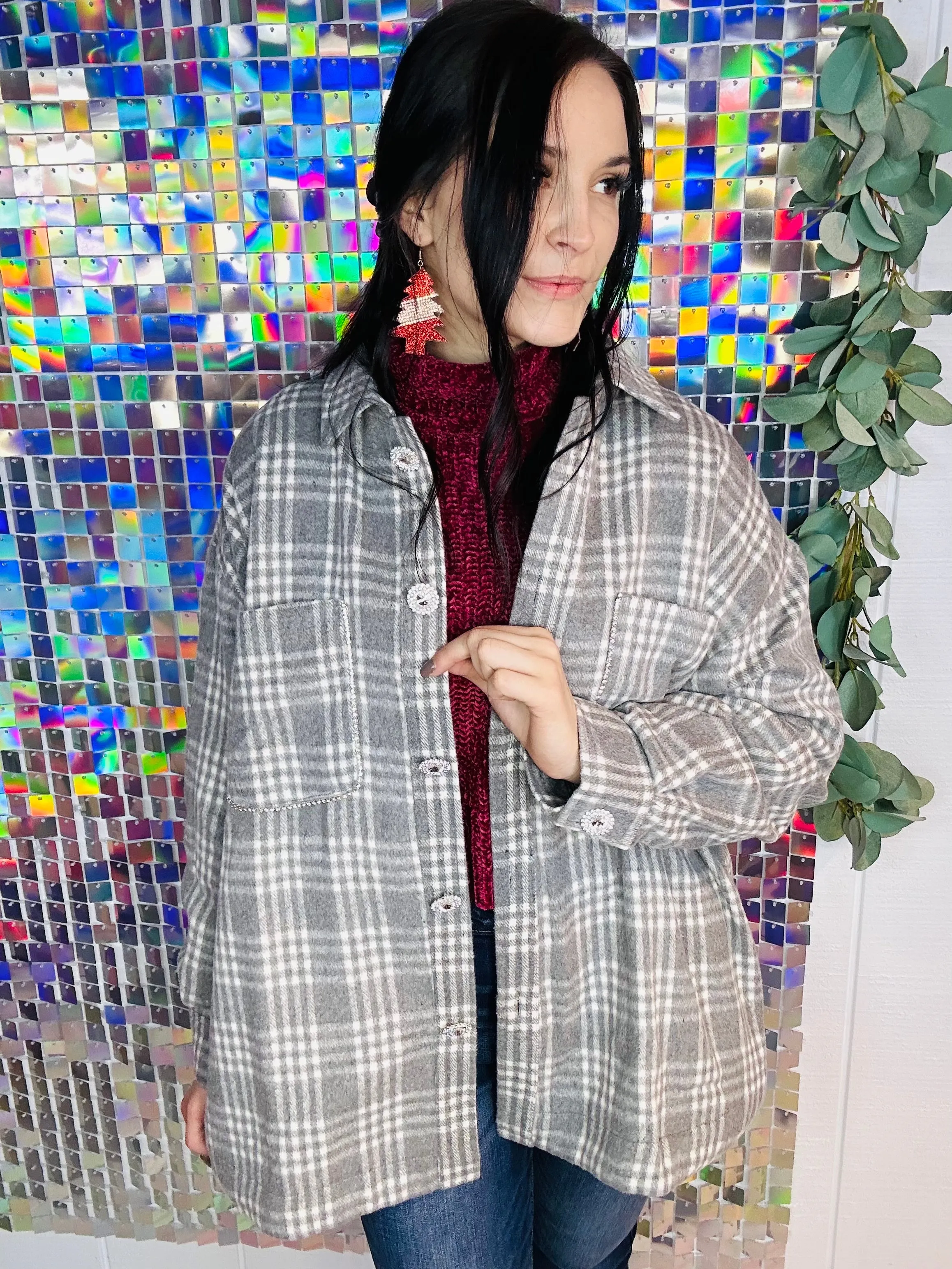 Can't Cry with Crystals Shacket- Grey