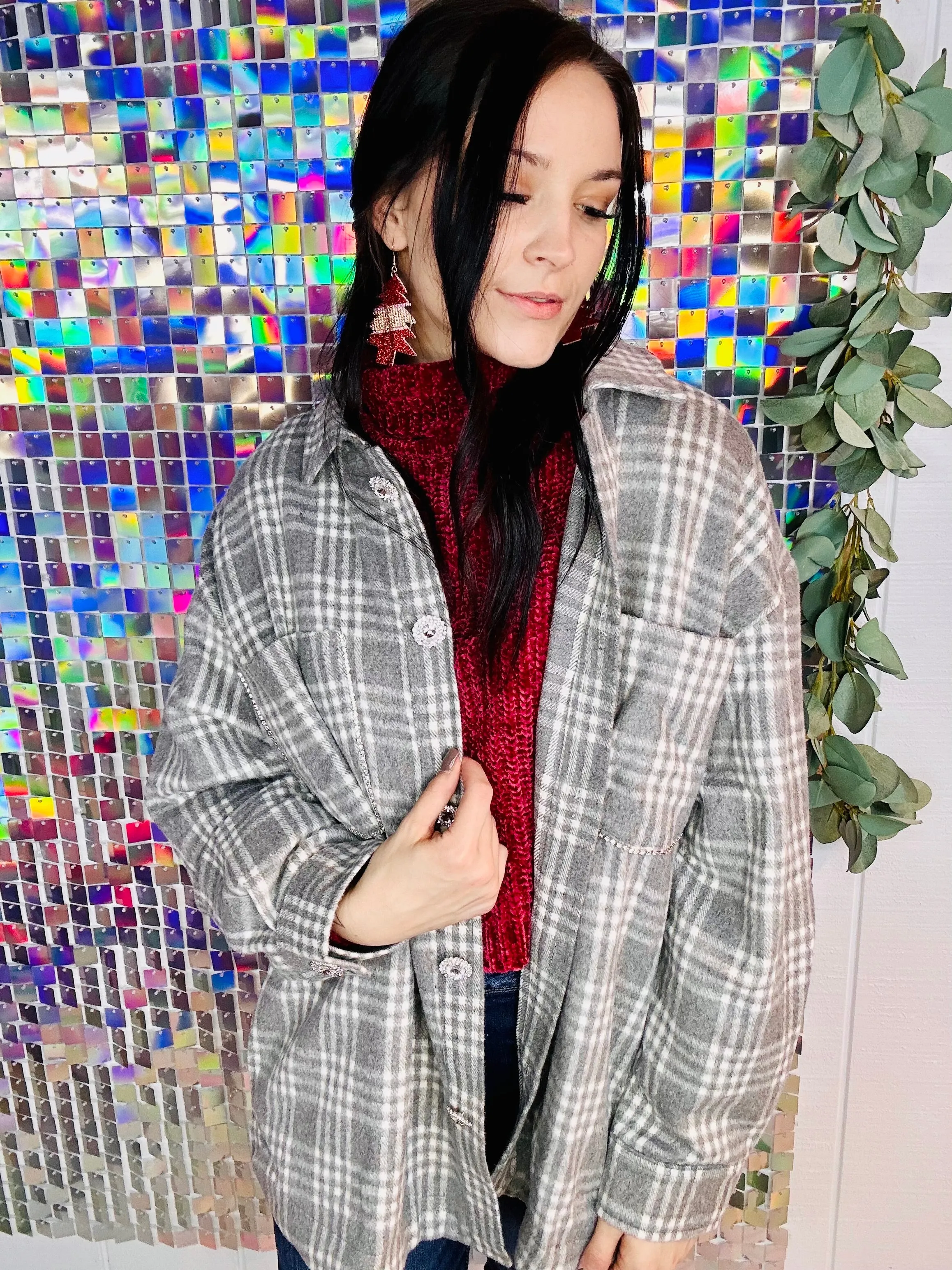 Can't Cry with Crystals Shacket- Grey