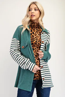 Celeste Turquoise Striped Button Up Dropped Shoulder Shacket