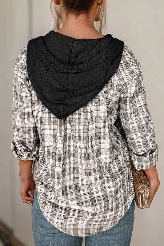 Checkered Print Hooded Patchwork Loose Fit Shacket