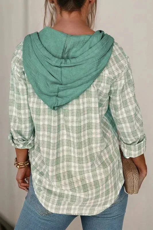 Checkered Print Hooded Patchwork Loose Fit Shacket