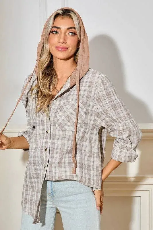 Checkered Print Hooded Patchwork Loose Fit Shacket