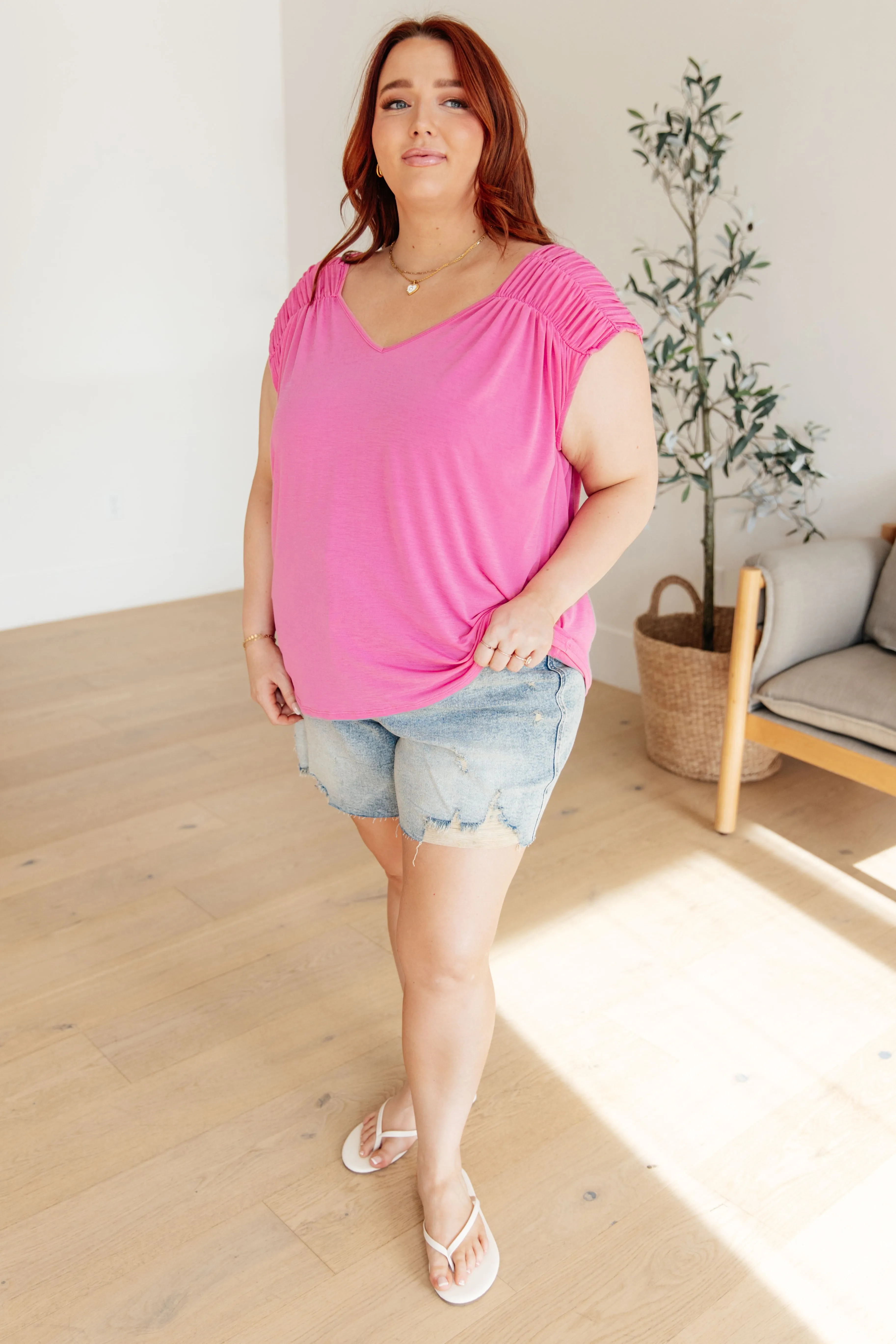 Dear Scarlett Ruched Cap Sleeve Top in Magenta