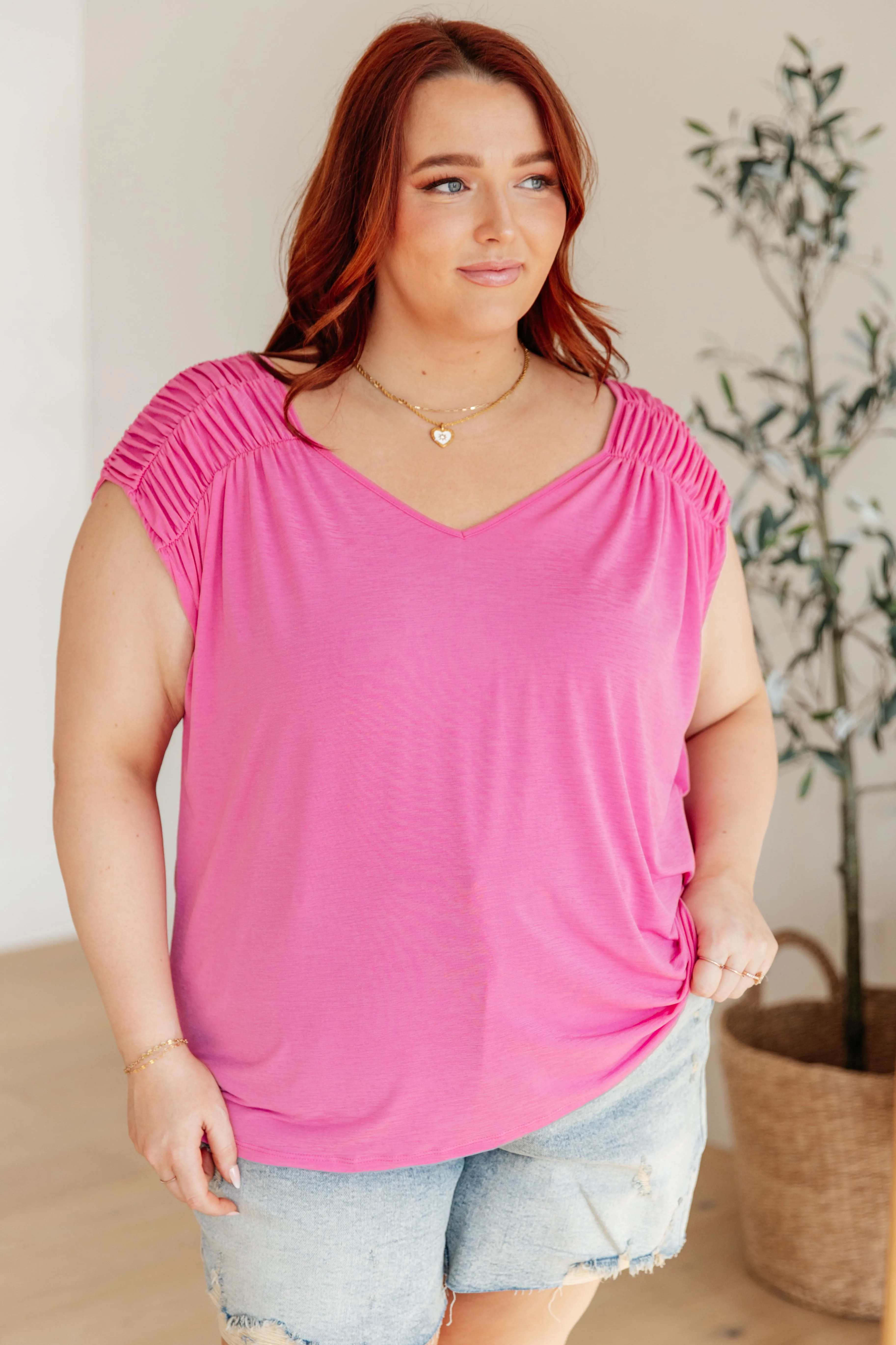 Dear Scarlett Ruched Cap Sleeve Top in Magenta