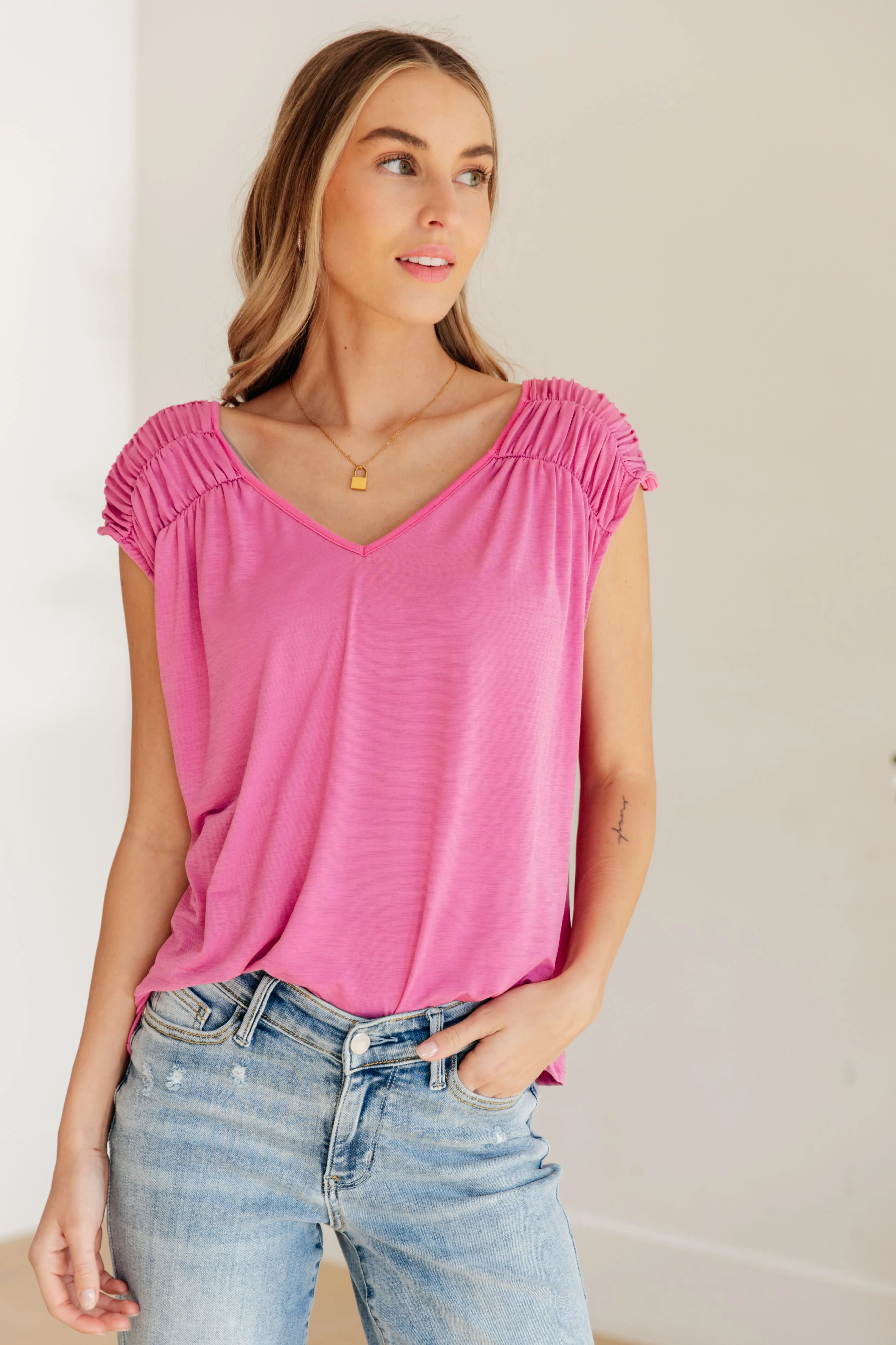 Dear Scarlett Ruched Cap Sleeve Top in Magenta