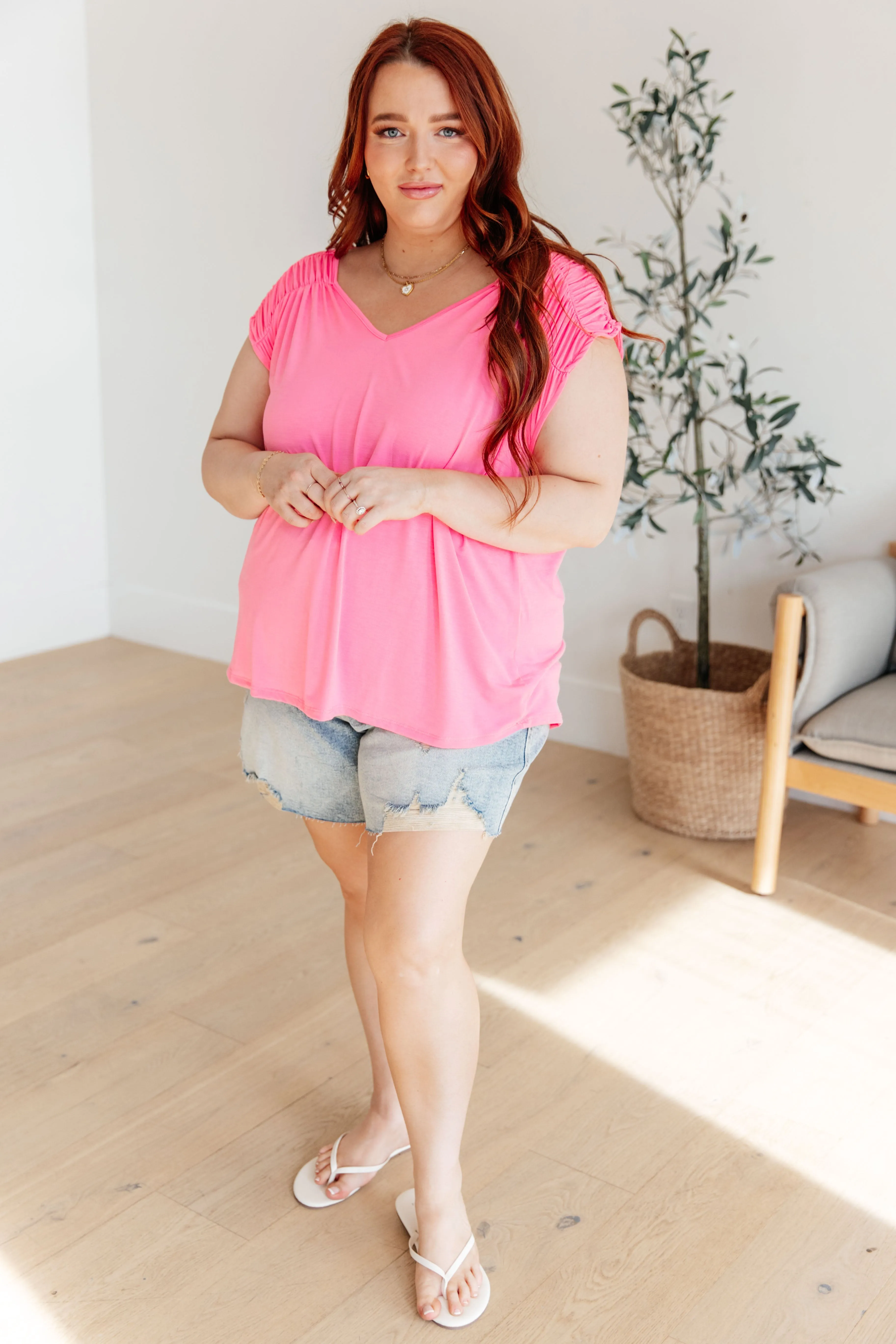 Dear Scarlett Ruched Cap Sleeve Top in Neon Pink