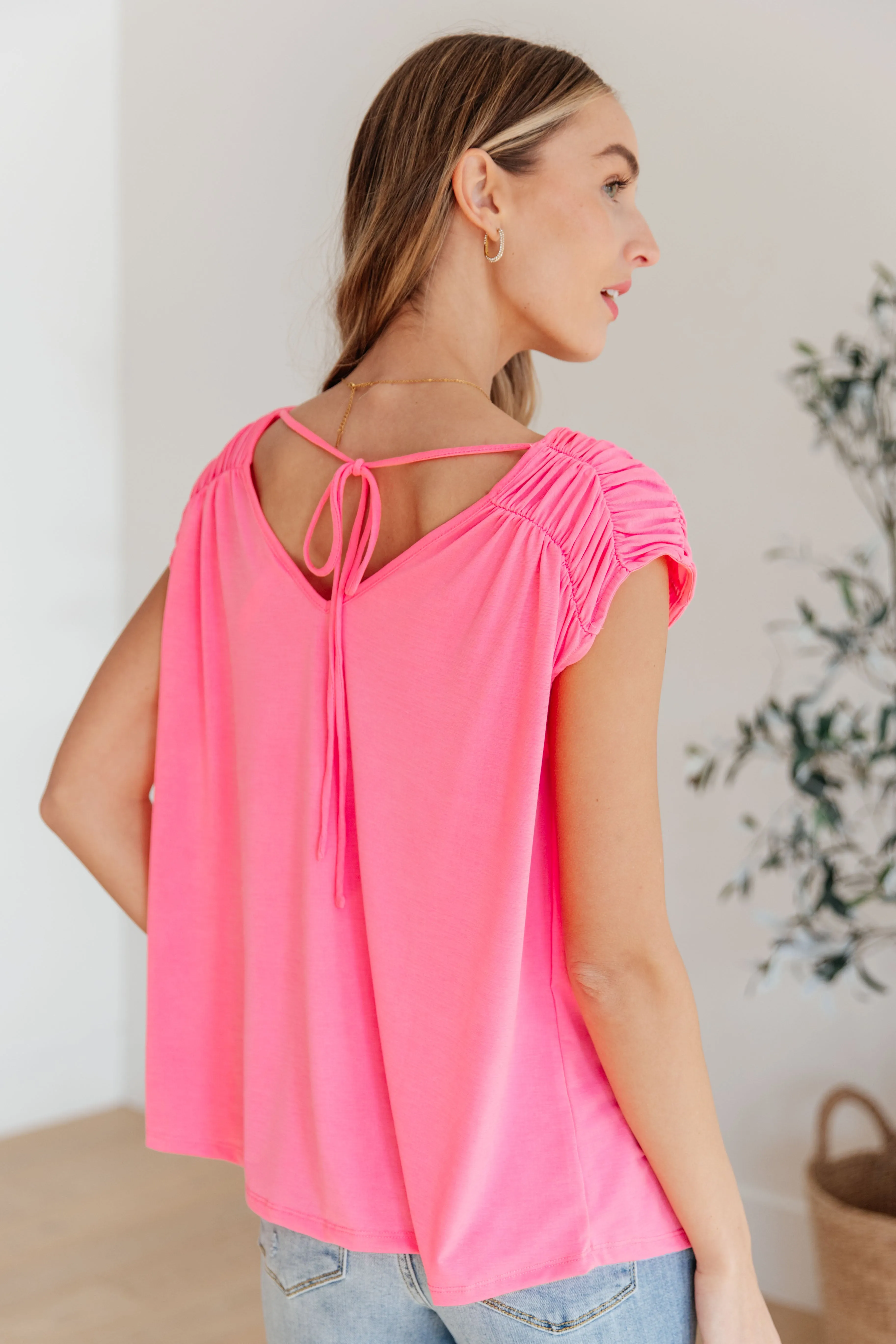Dear Scarlett Ruched Cap Sleeve Top in Neon Pink