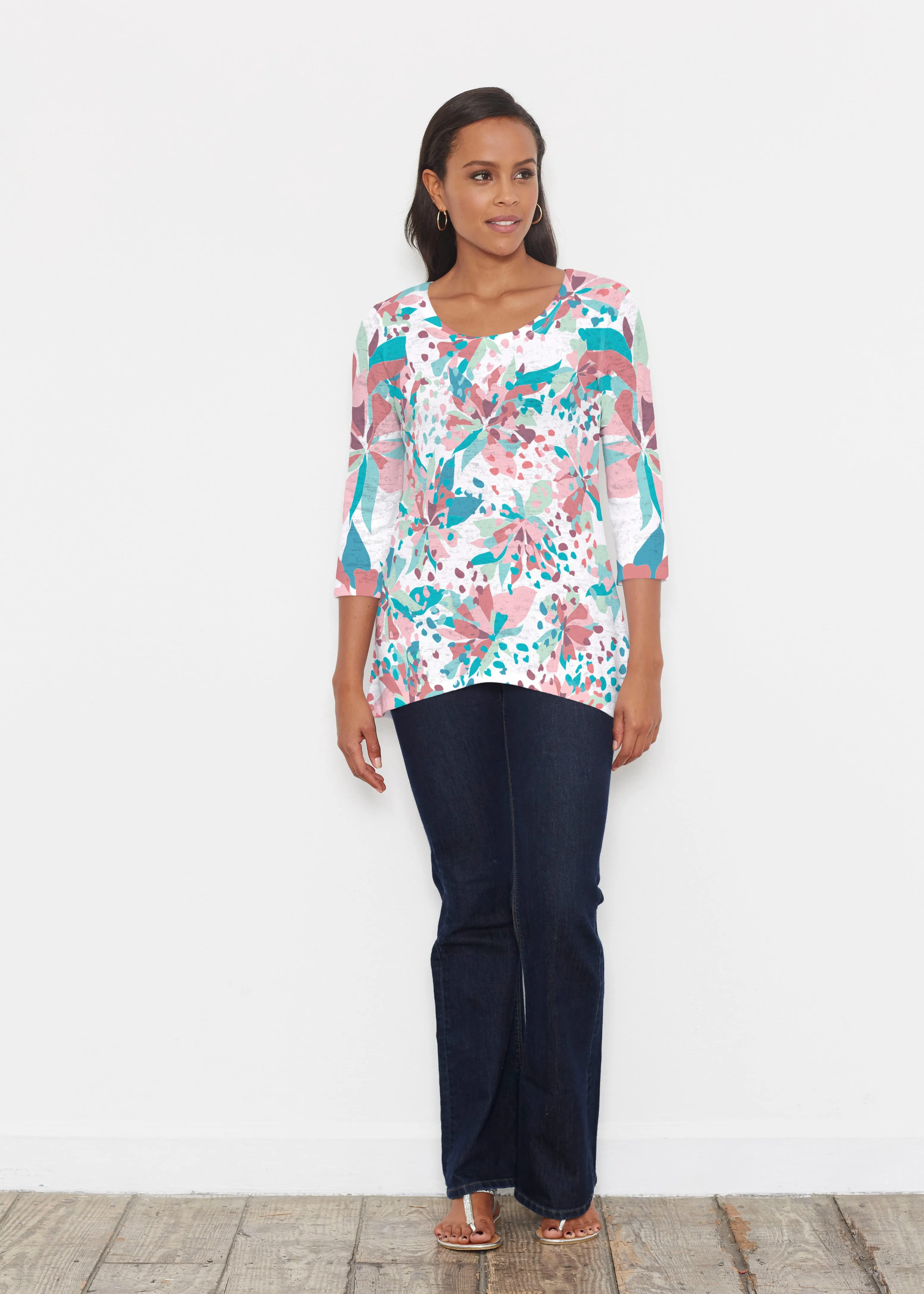 Floral Leopard Teal (7838) ~ Katherine Hi-Lo Thermal Tunic