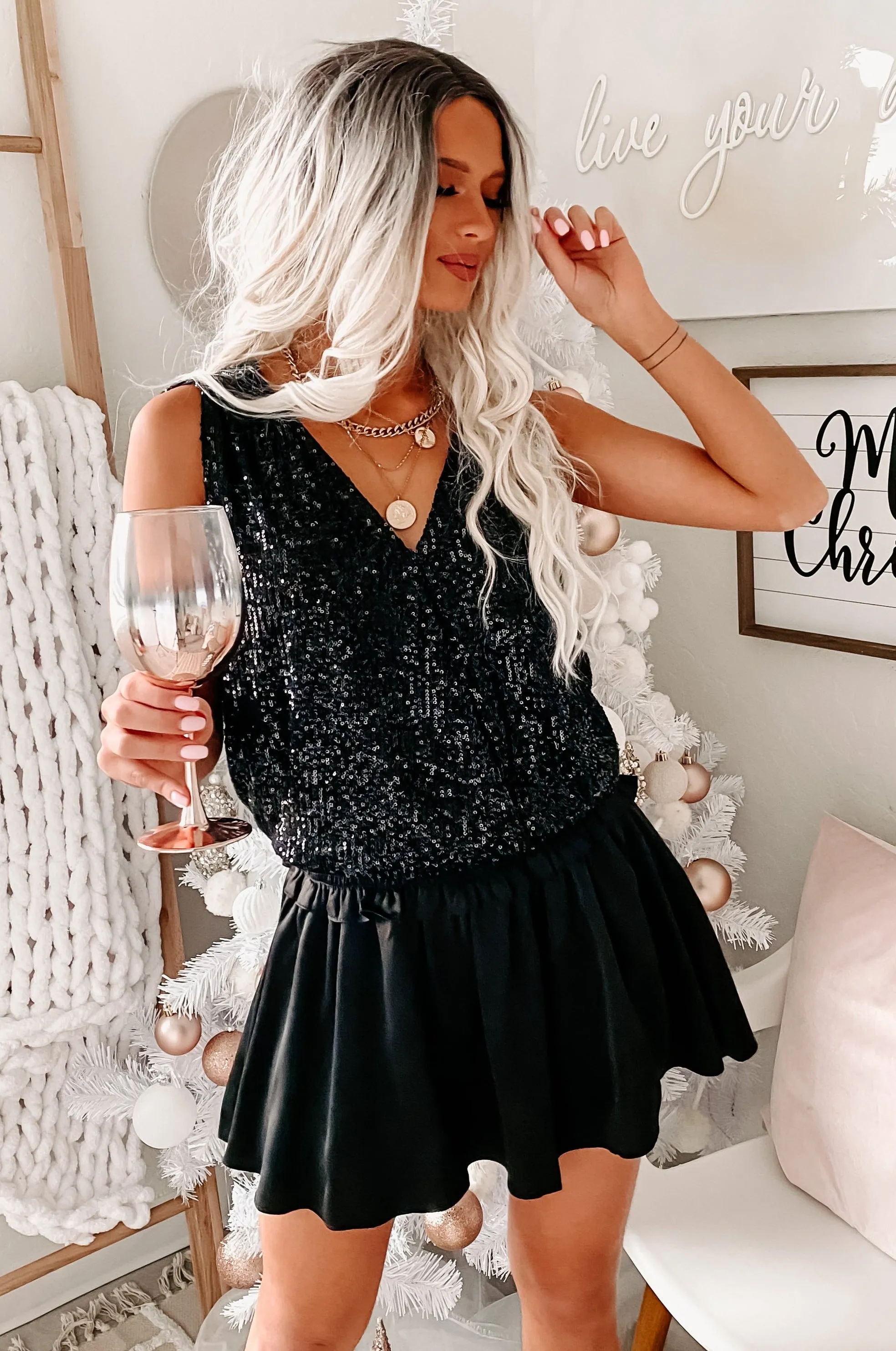 Glamorous Nights Sequin Surplice Top (Black)