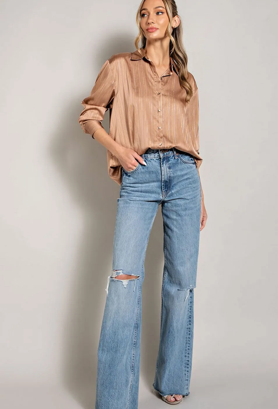Gold Pinstripe Sateen Button Up