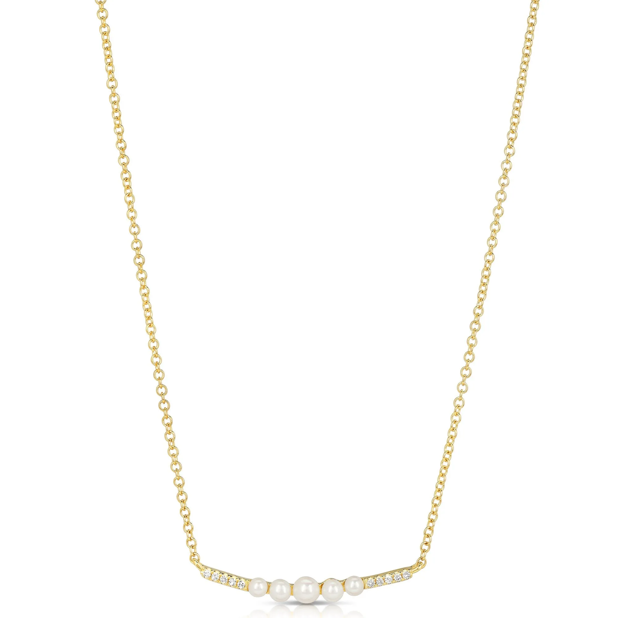 Graduating Pearl And Diamond Curved Bar Necklace