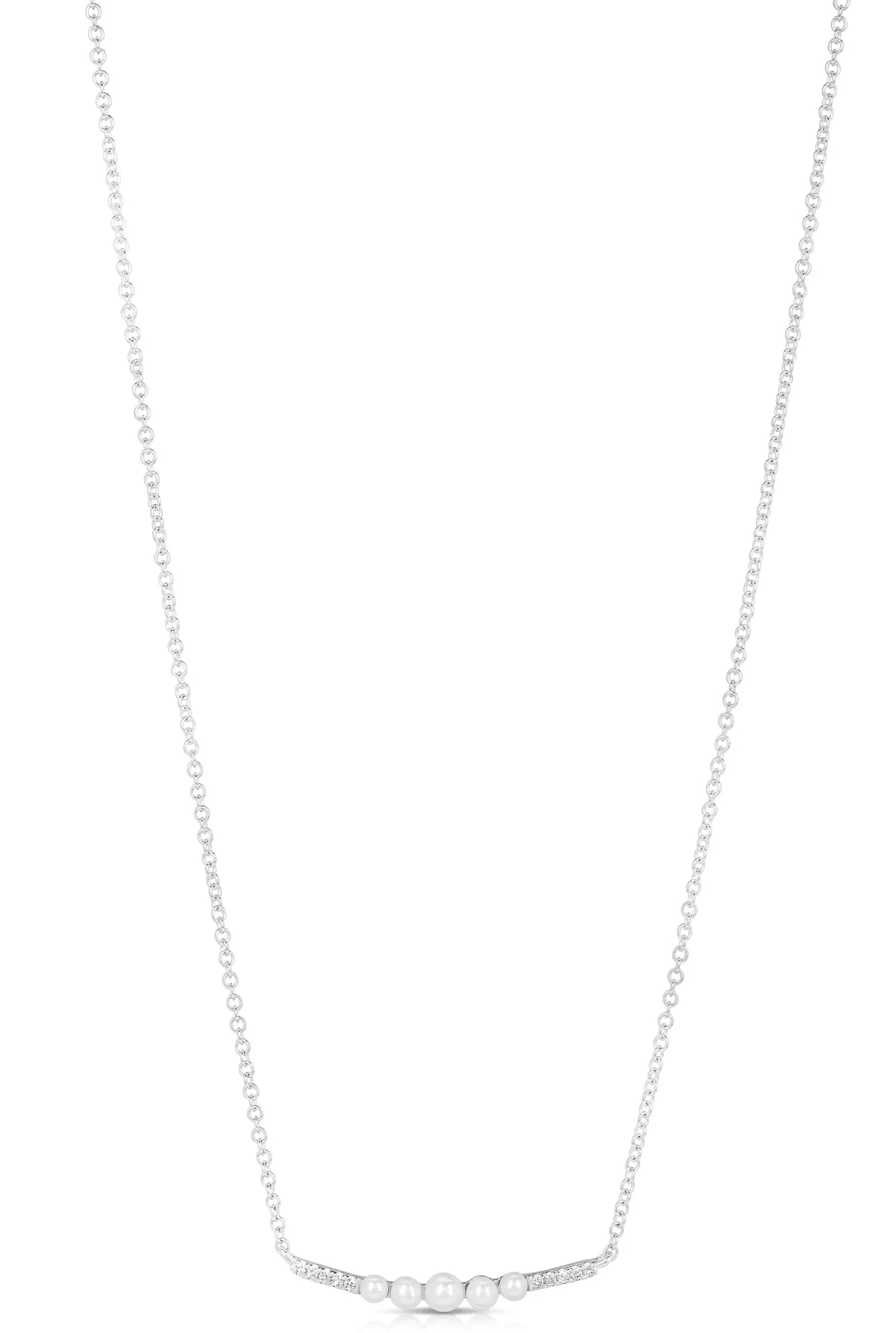 Graduating Pearl And Diamond Curved Bar Necklace