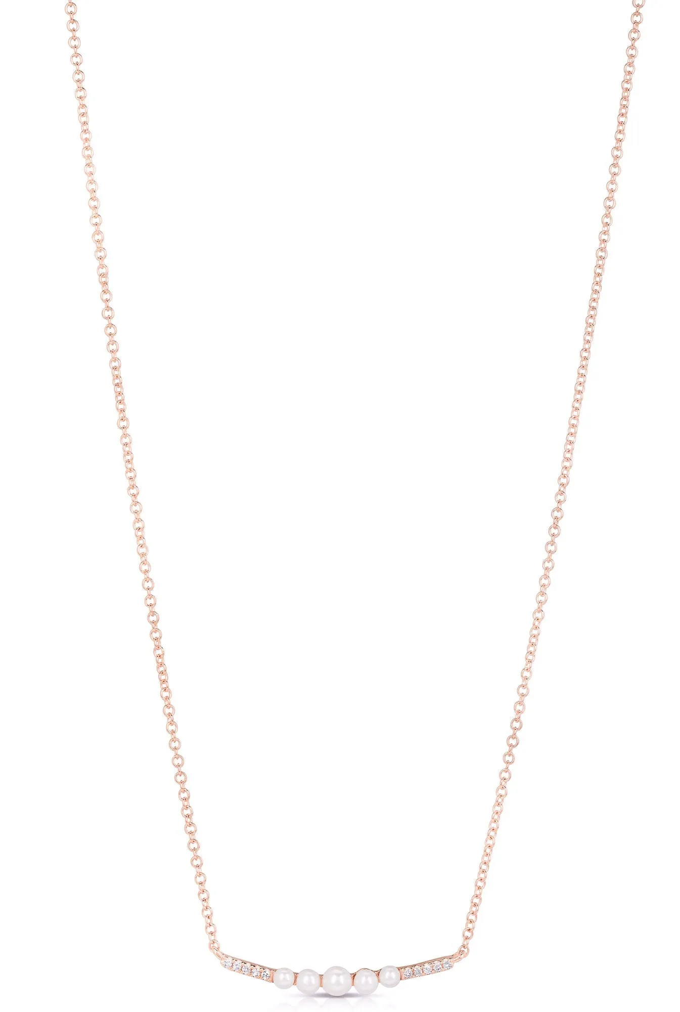 Graduating Pearl And Diamond Curved Bar Necklace
