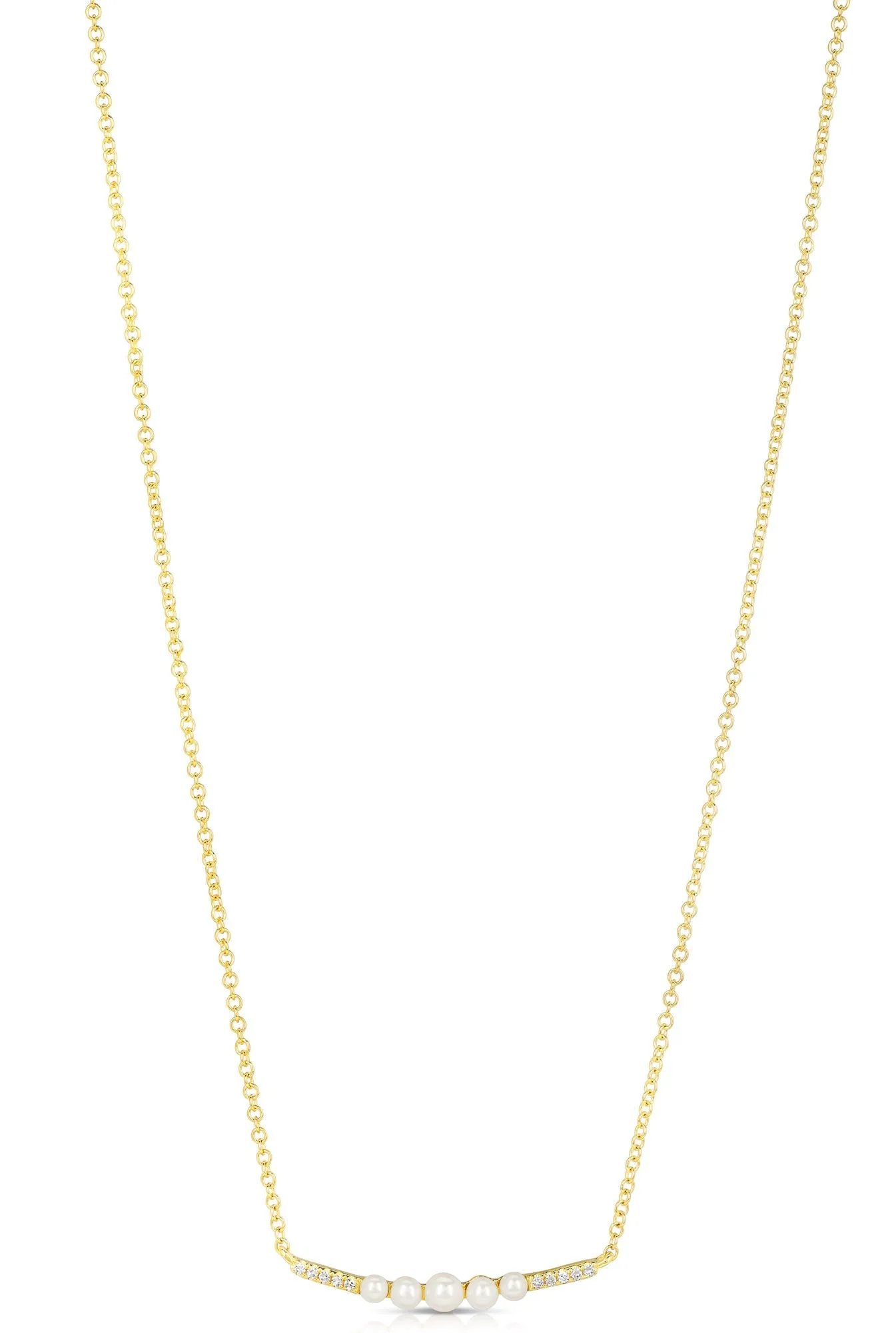 Graduating Pearl And Diamond Curved Bar Necklace
