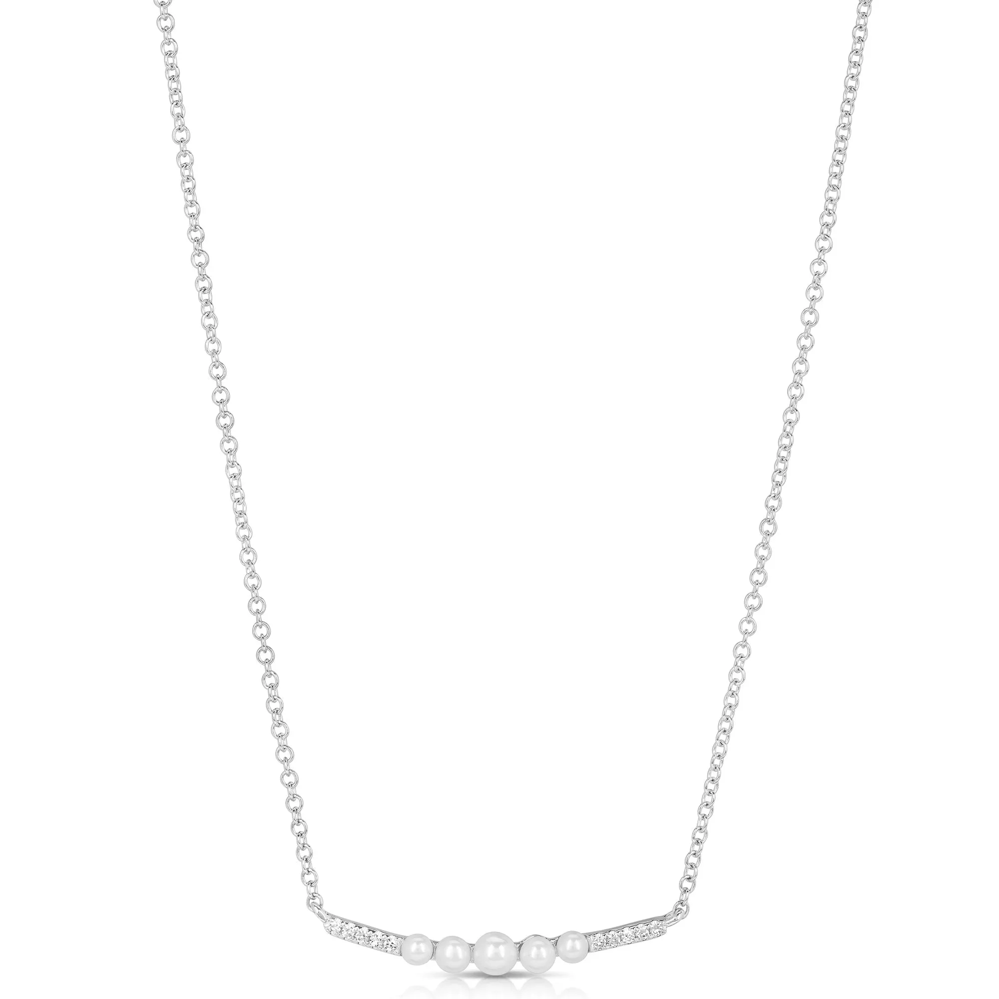 Graduating Pearl And Diamond Curved Bar Necklace
