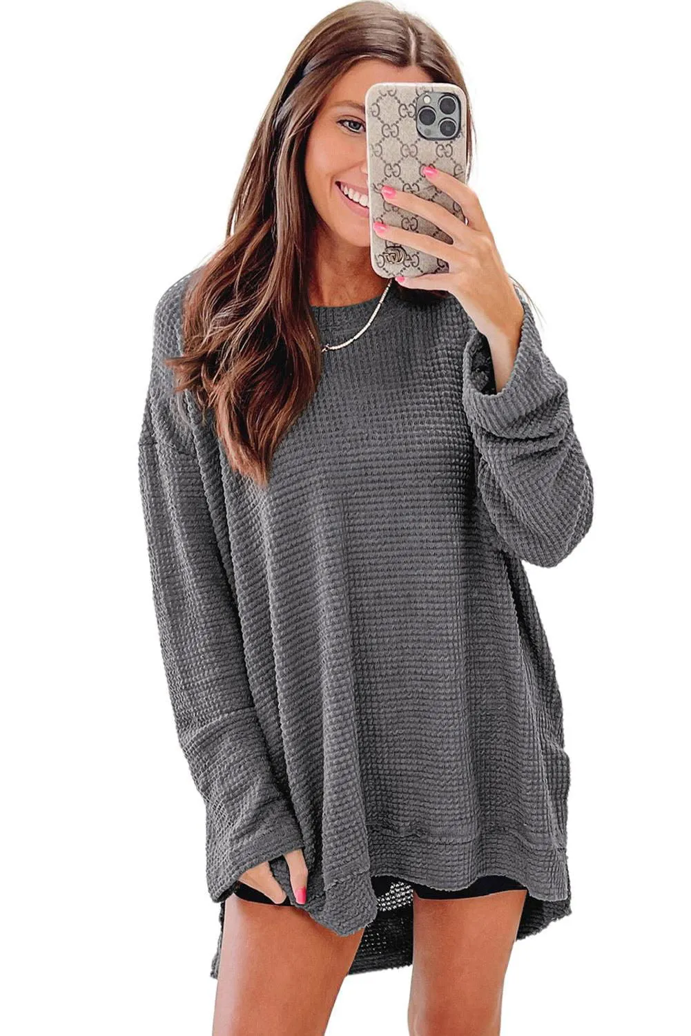 Green Waffle Knit Drop Sleeve High Slits Oversized Top