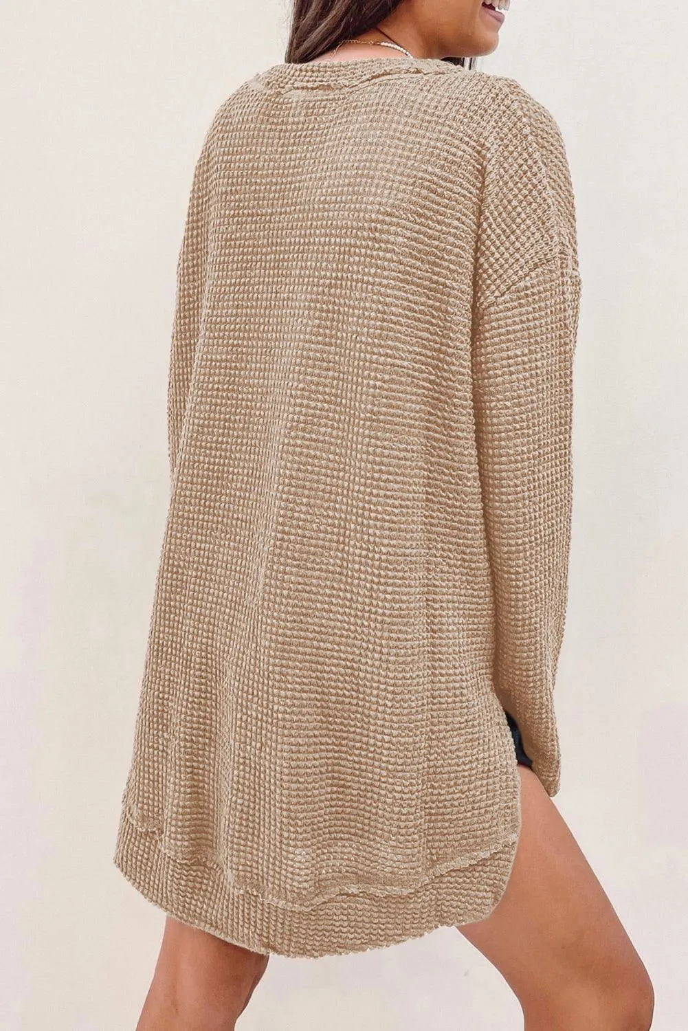Green Waffle Knit Drop Sleeve High Slits Oversized Top