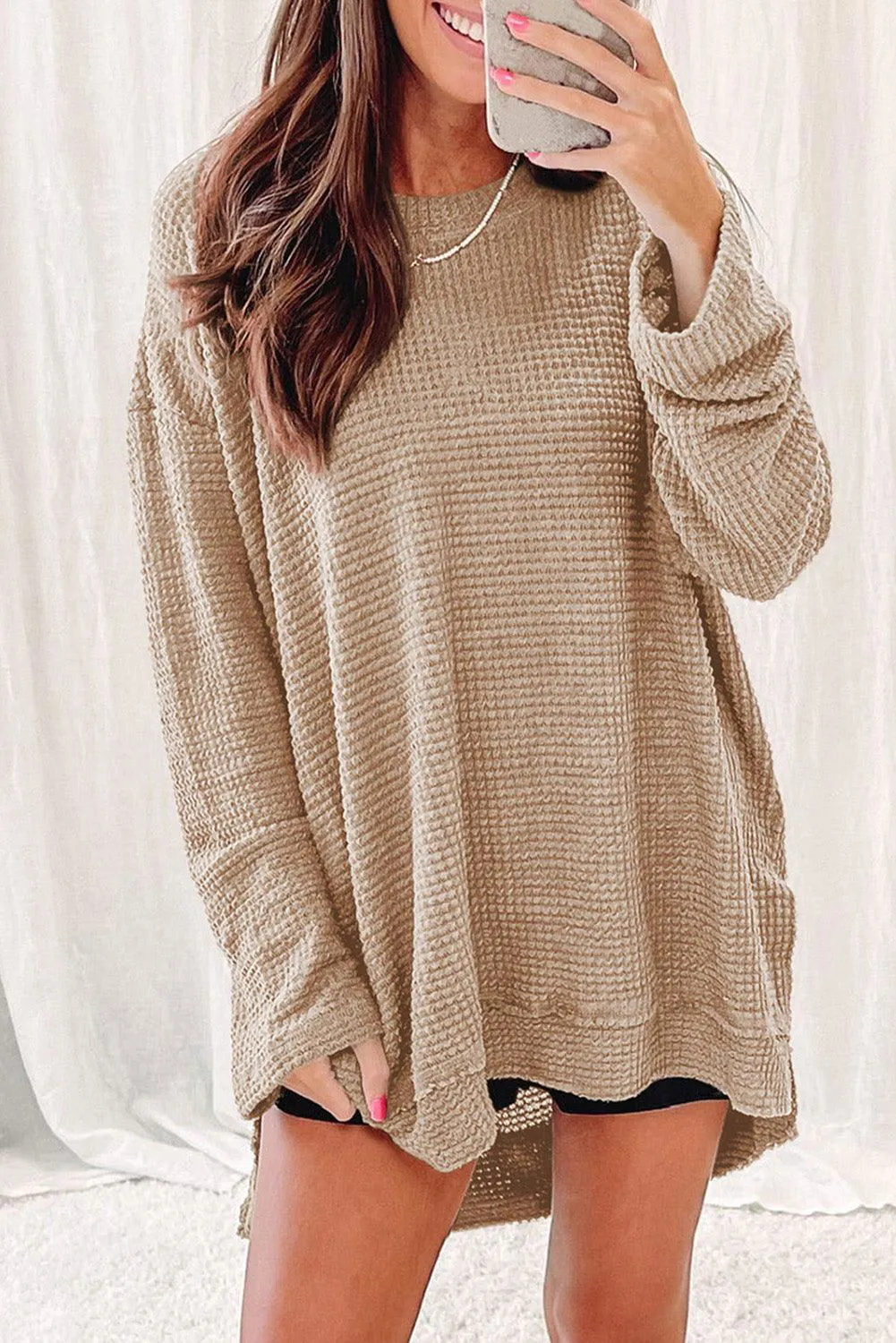 Green Waffle Knit Drop Sleeve High Slits Oversized Top