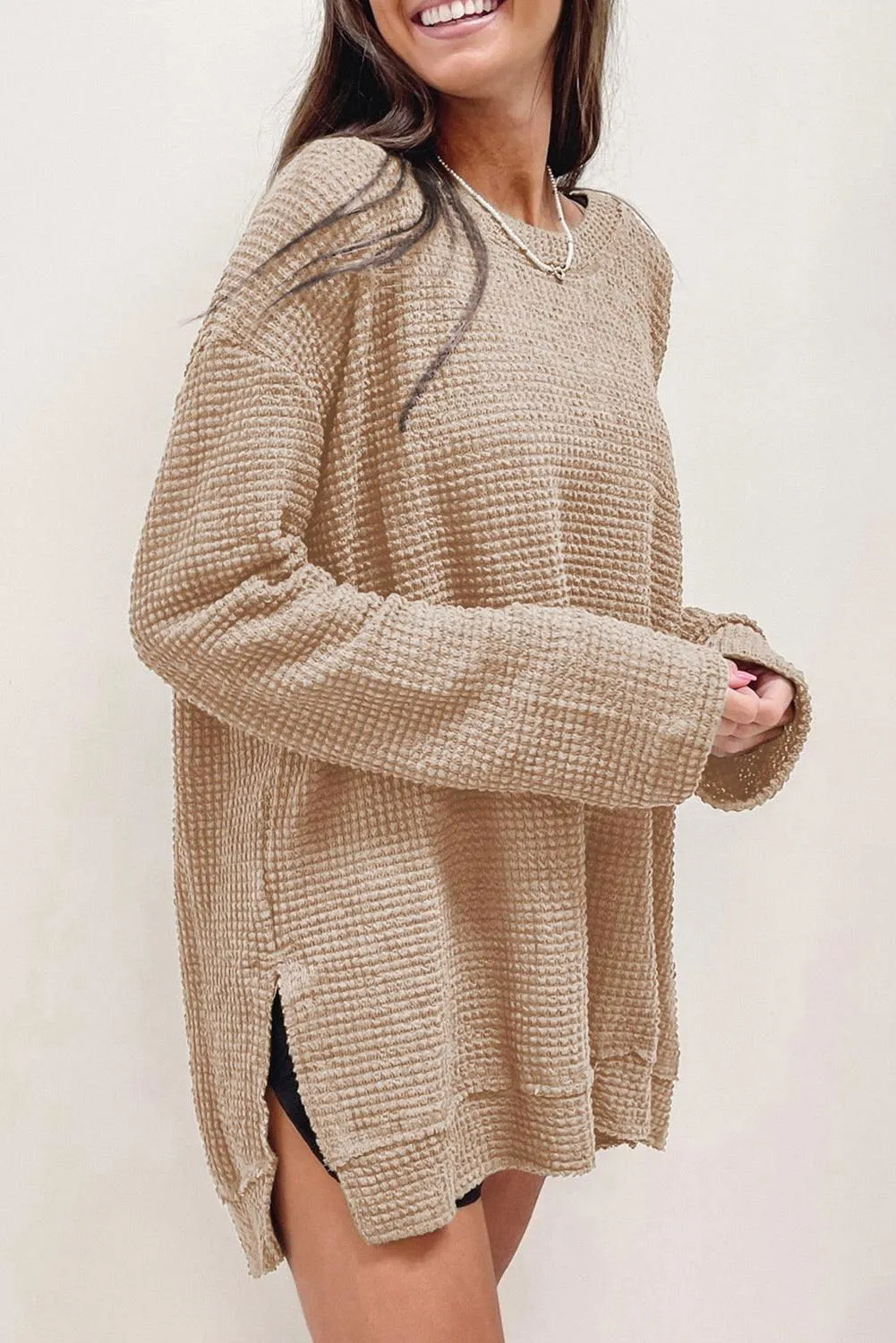 Green Waffle Knit Drop Sleeve High Slits Oversized Top