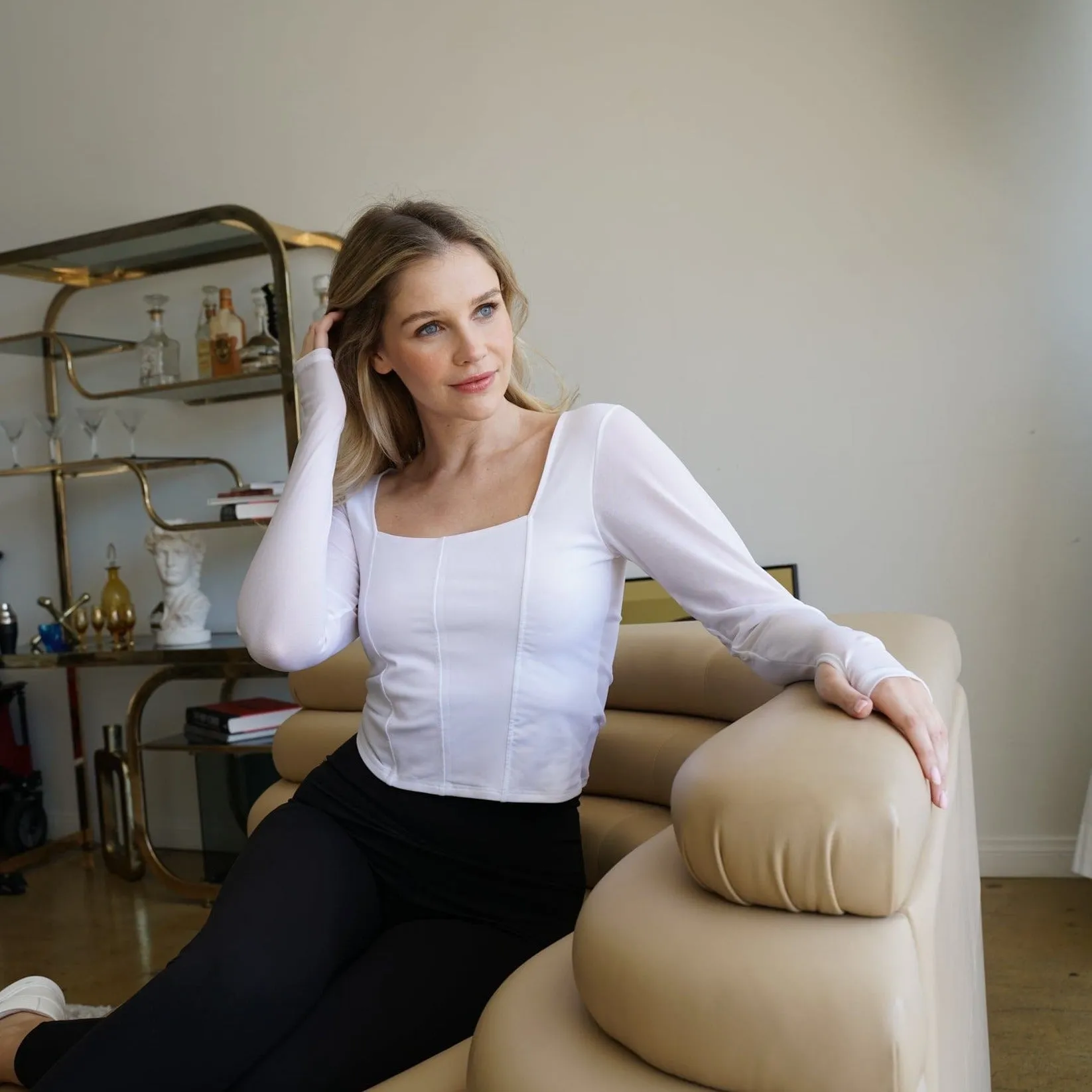 Hailey Mesh and Cotton Long Sleeve Top - Blanc