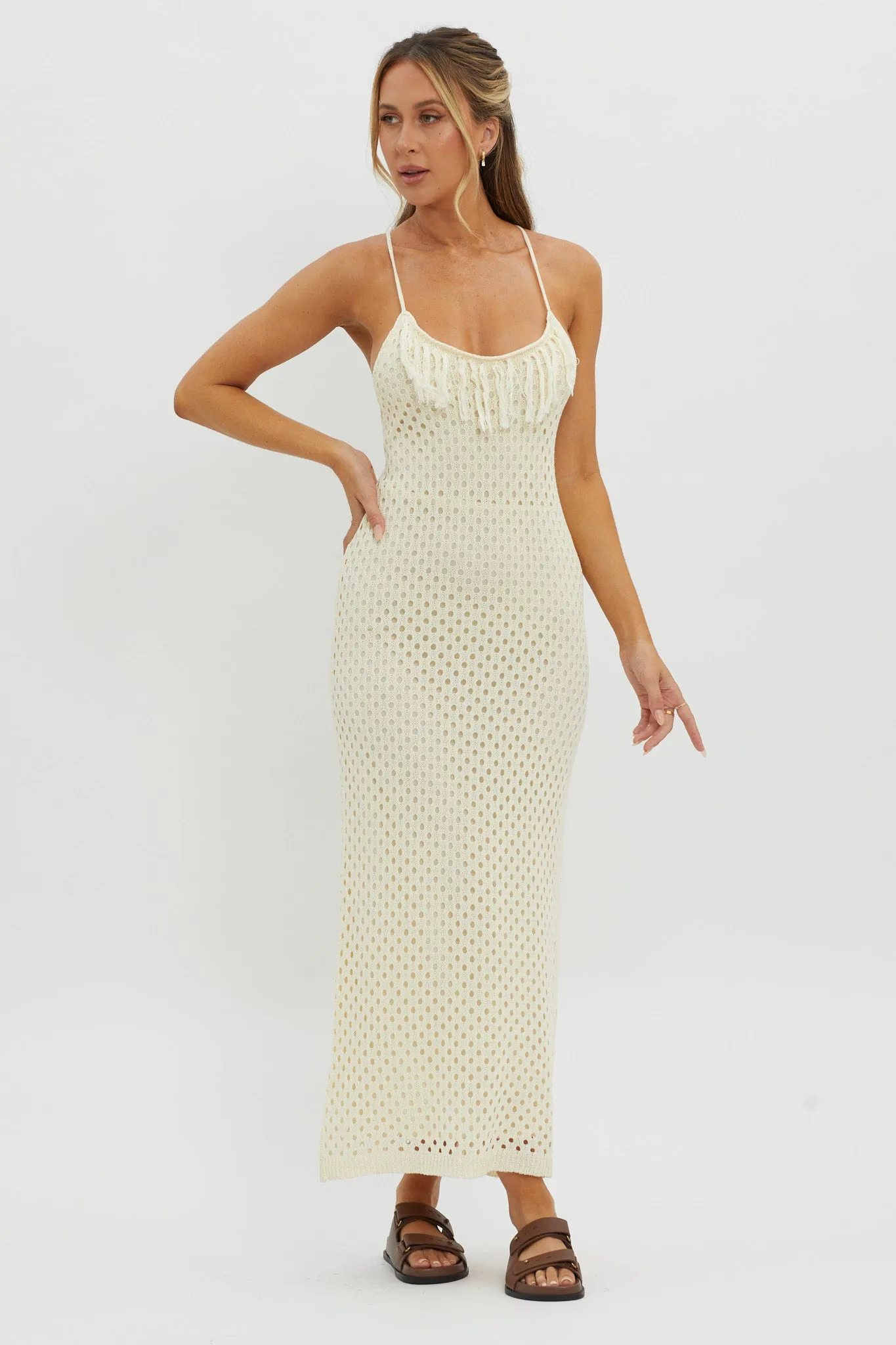 Kesha Open Back Crochet Maxi Dress Cream