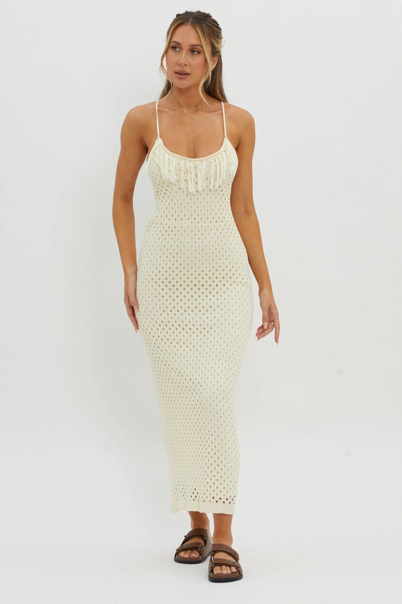 Kesha Open Back Crochet Maxi Dress Cream