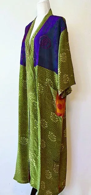 Luxurious Abstract Floral Silk Kimono Duster: Color Block Purple and Cerise